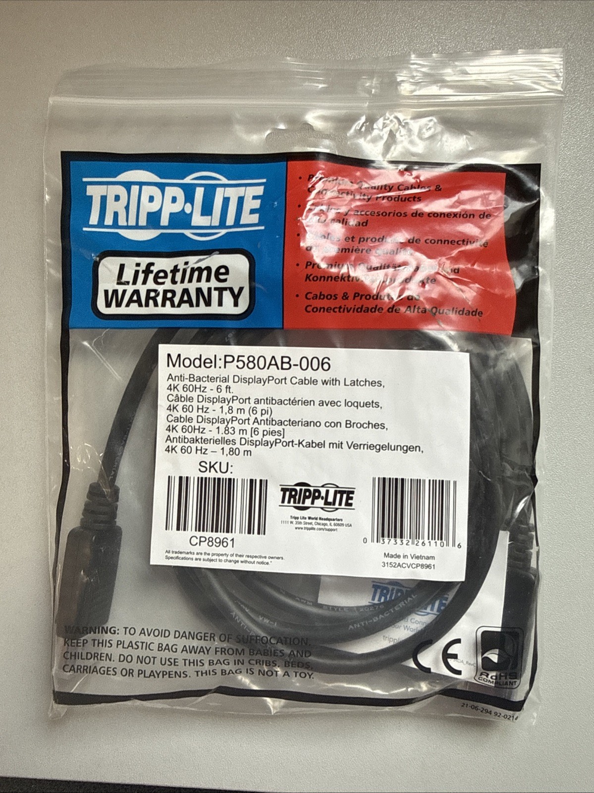 63X TRIPP LITE Anti-Bacterial DisplayPort Cable W/Latches 4K 60Hz 6ft P580AB-006