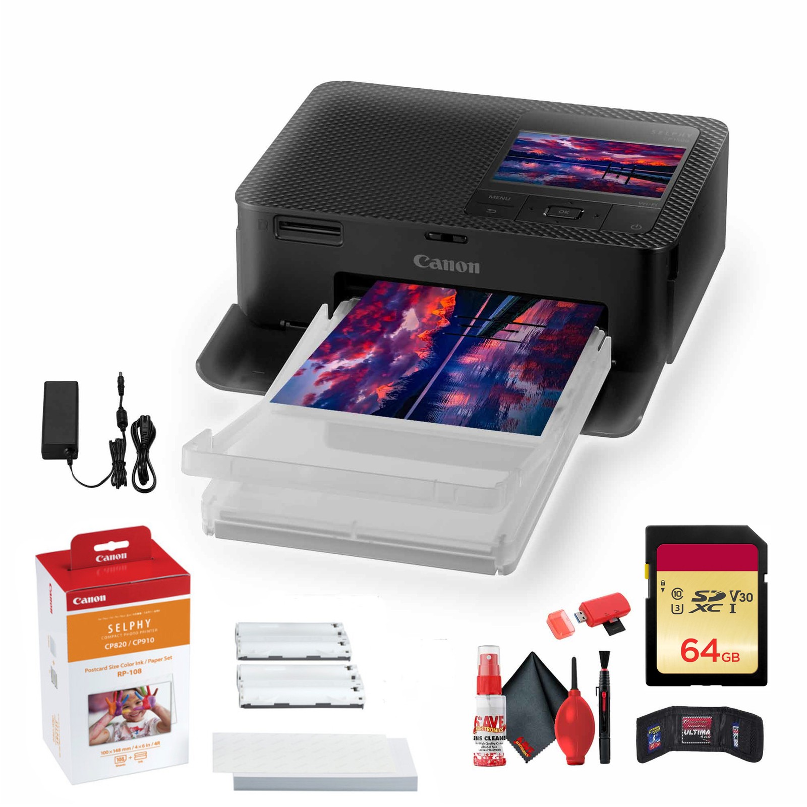 Canon SELPHY CP1500 Photo Printer Black RP-108 Ink Paper Bundle