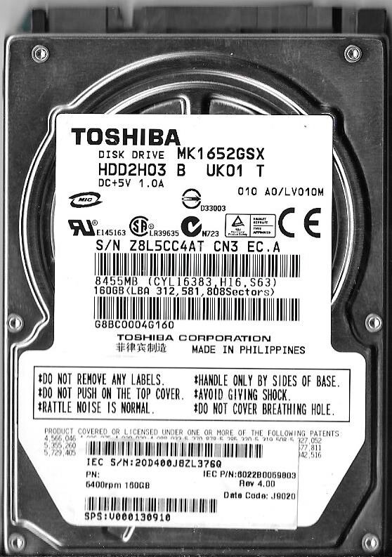 Toshiba MK1652GSX HDD2H03 B UK01 T 160GB Sata Hard Drive FOR PARTS ONLY