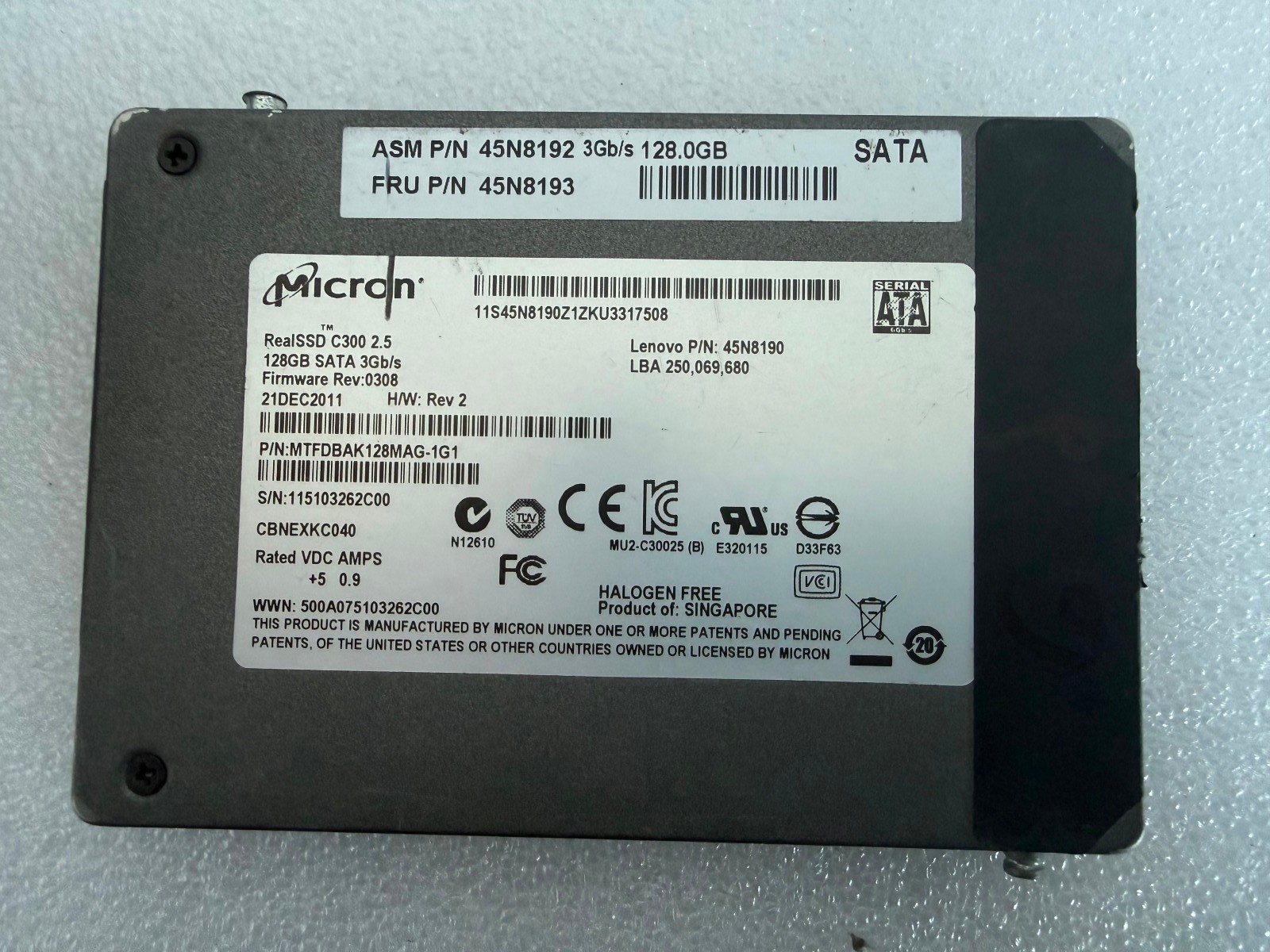 Micron RealSSD C300 128GB 2.5in SATA SSD MTFDBAK128MAG-1G1 Lenovo OEM