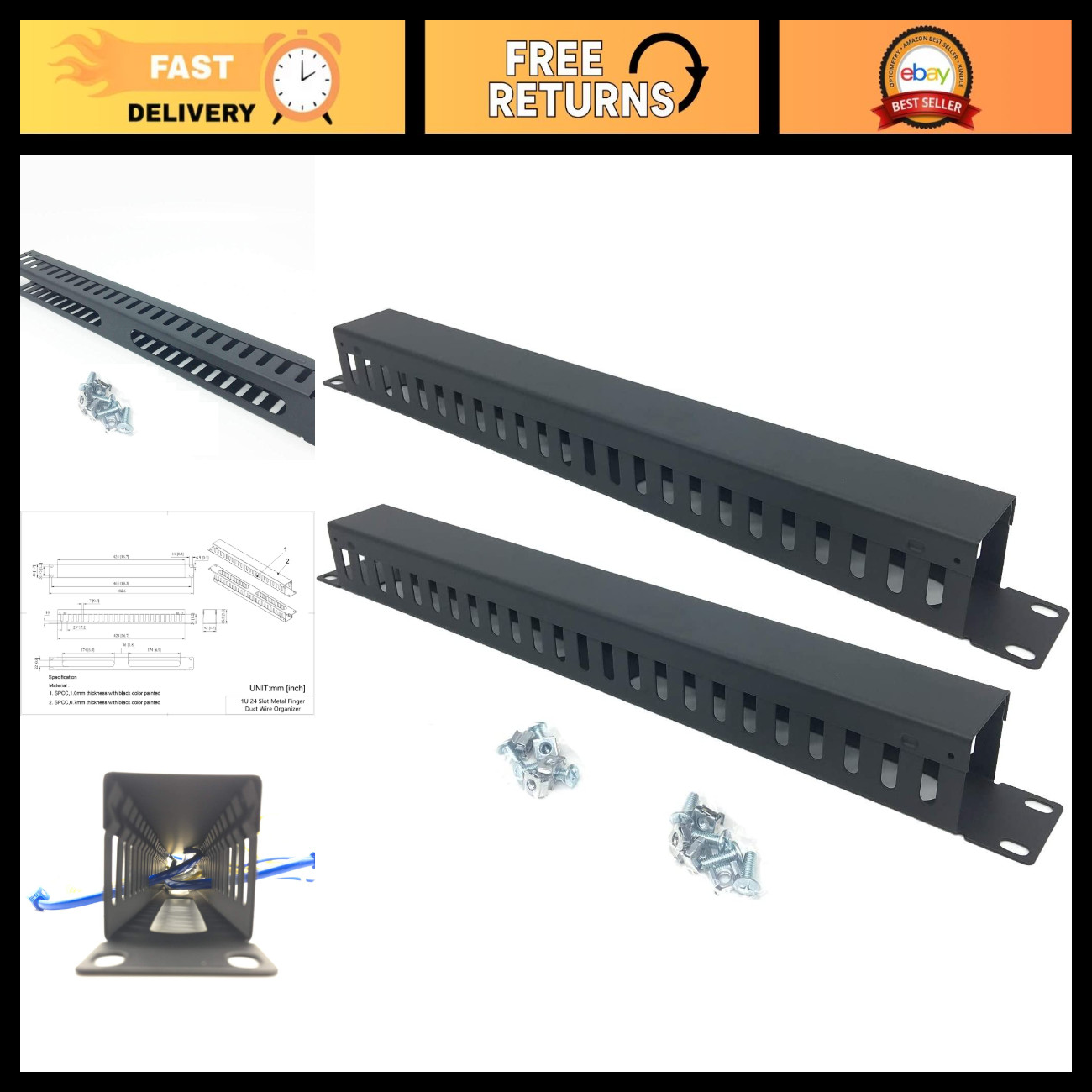 2 Pack 1U 19" Horizontal Cable Management Rack Mount Organizer - 24 Slot System