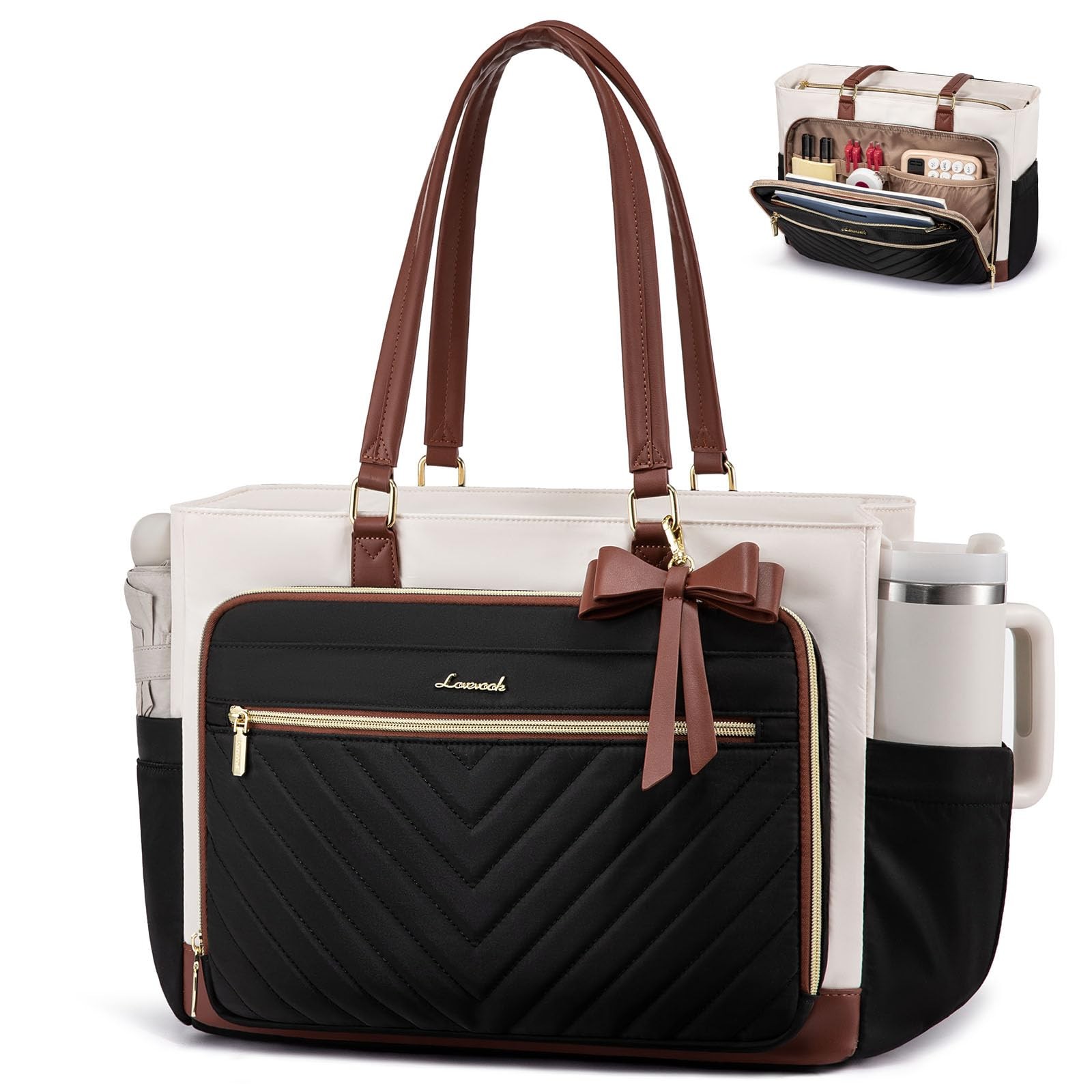 Teacher Tote Bag for Women, Work Laptop Bag Gift with Large Cup Holder, Quilt...