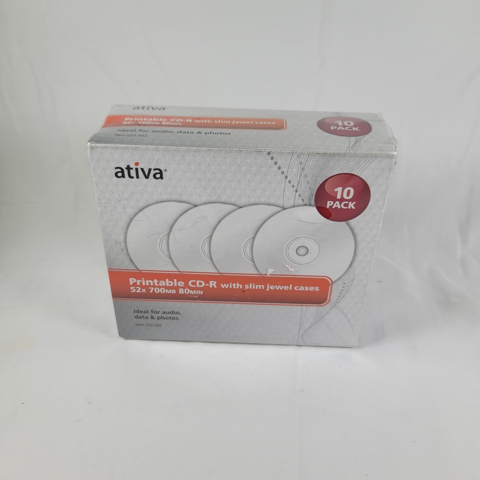 Ativa Printable CD-R With Slim Jewel Cases 52 X 700mb 80 Min 10 Pack -NEW SEALED