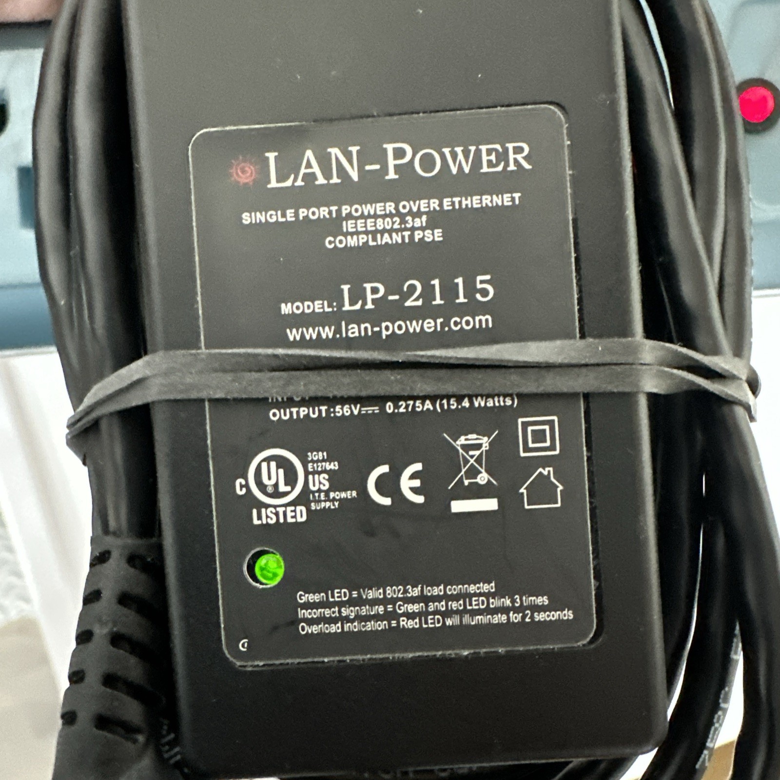 LAN-Power On LP-2115 Single Port Plug-in POE Injector 15w IP CCTV Power w/cord