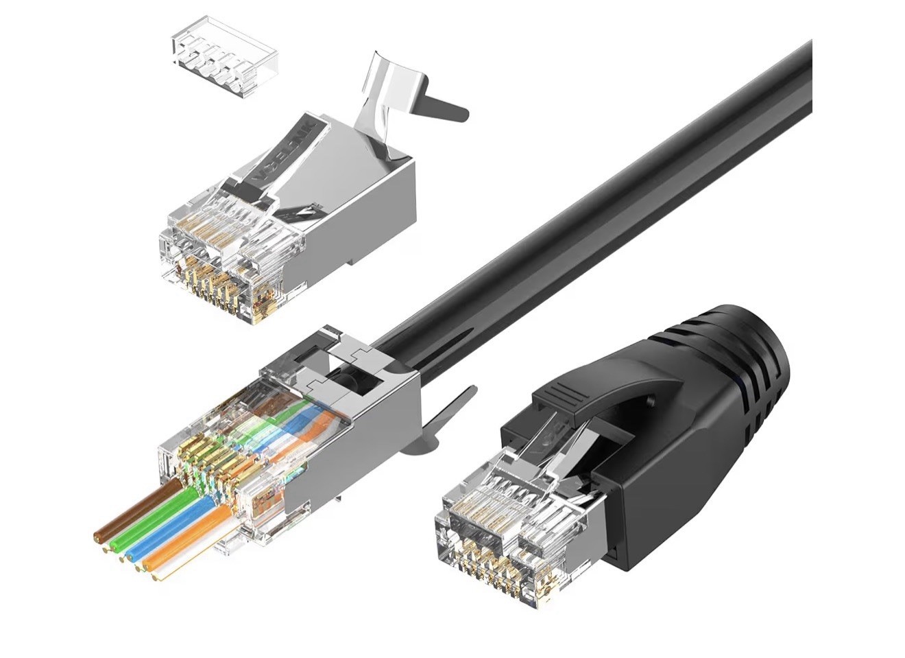 VCELINK Cat7 Shielded RJ45 Pass Through Connector Kit w/ Boots & Load Bars 30 Pk