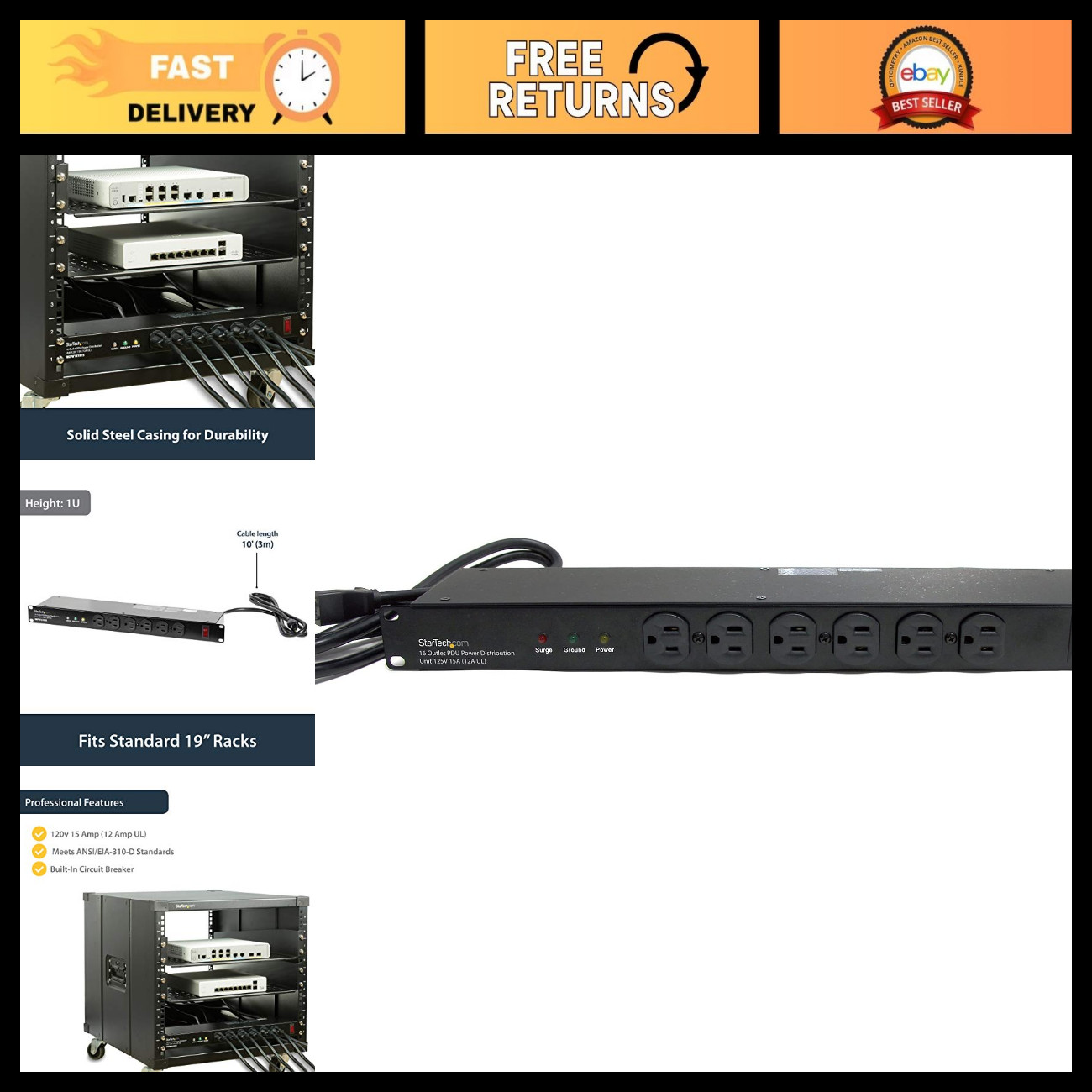 16-Outlet 1U PDU Power Distribution Unit, 120V/15A, Surge Protection, 6ft Cord