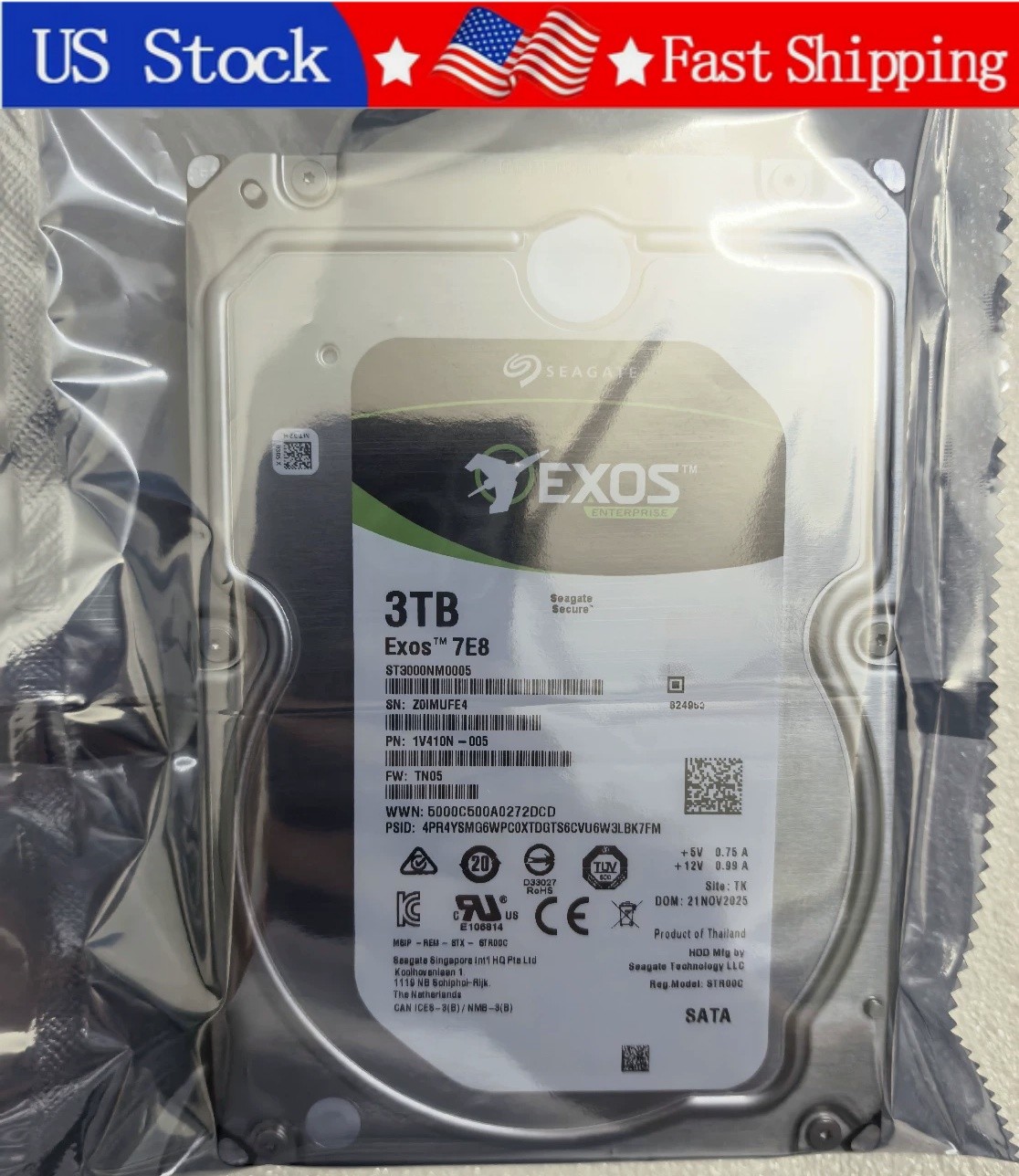 1PCS New Seagate ST3000NM0005 Exos 7E8 3TB 3.5" SATA 6Gb 7200RPM 128MB HDD