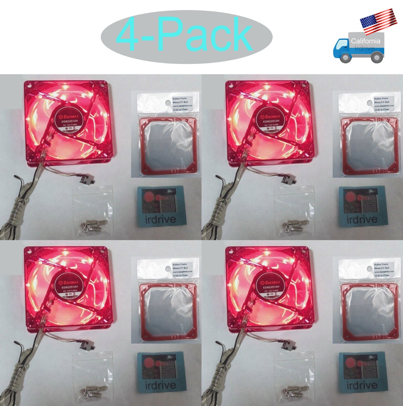 4pack: NEW Enermax 80mm RED LED 3pin Thermal Control Case Fan+ AntiVibration Pad