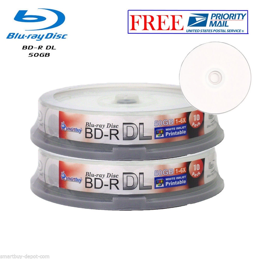 20 Pack Smartbuy White Inkjet Printable Blu-ray BD-R DL Dual Layer 6X 50GB Disc