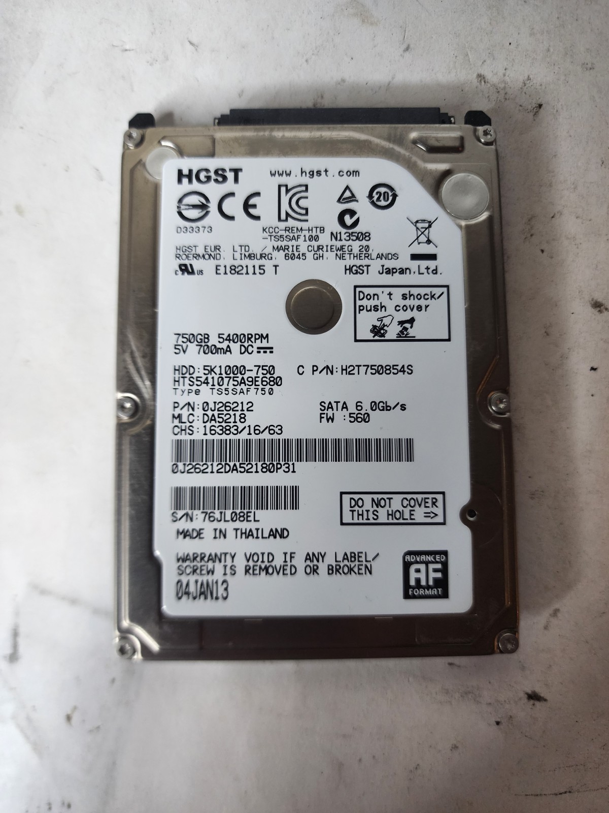 HGST HTS541075A9E680 750GB 5400RPM HDD HARD DRIVE H2T750854S 0J26212