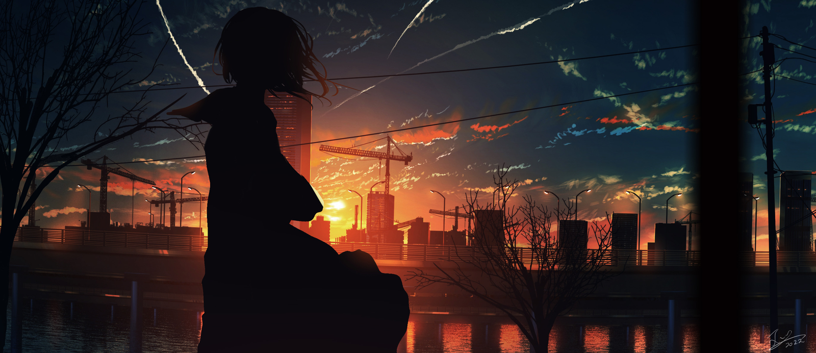 Landscape  pixiv dusk sunset fantasy girl silhouette low Custom Gaming Mat Desk