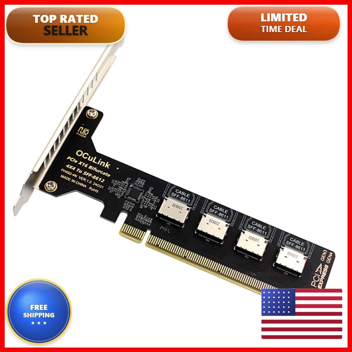 CY SF-057-OC04-HX PCIe 4.0 16x to 4x Oculink SFF-8612 VROC Raid0 Adapter U.2