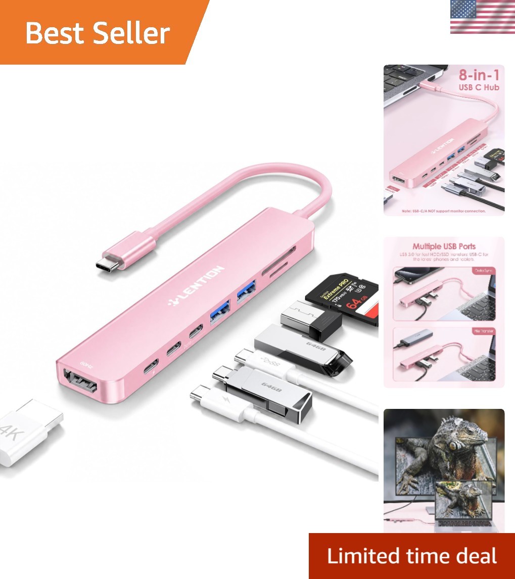 Versatile 8-in-1 USB-C Hub: 4K HDMI, High-Speed Transfer, Rose Gold Finish