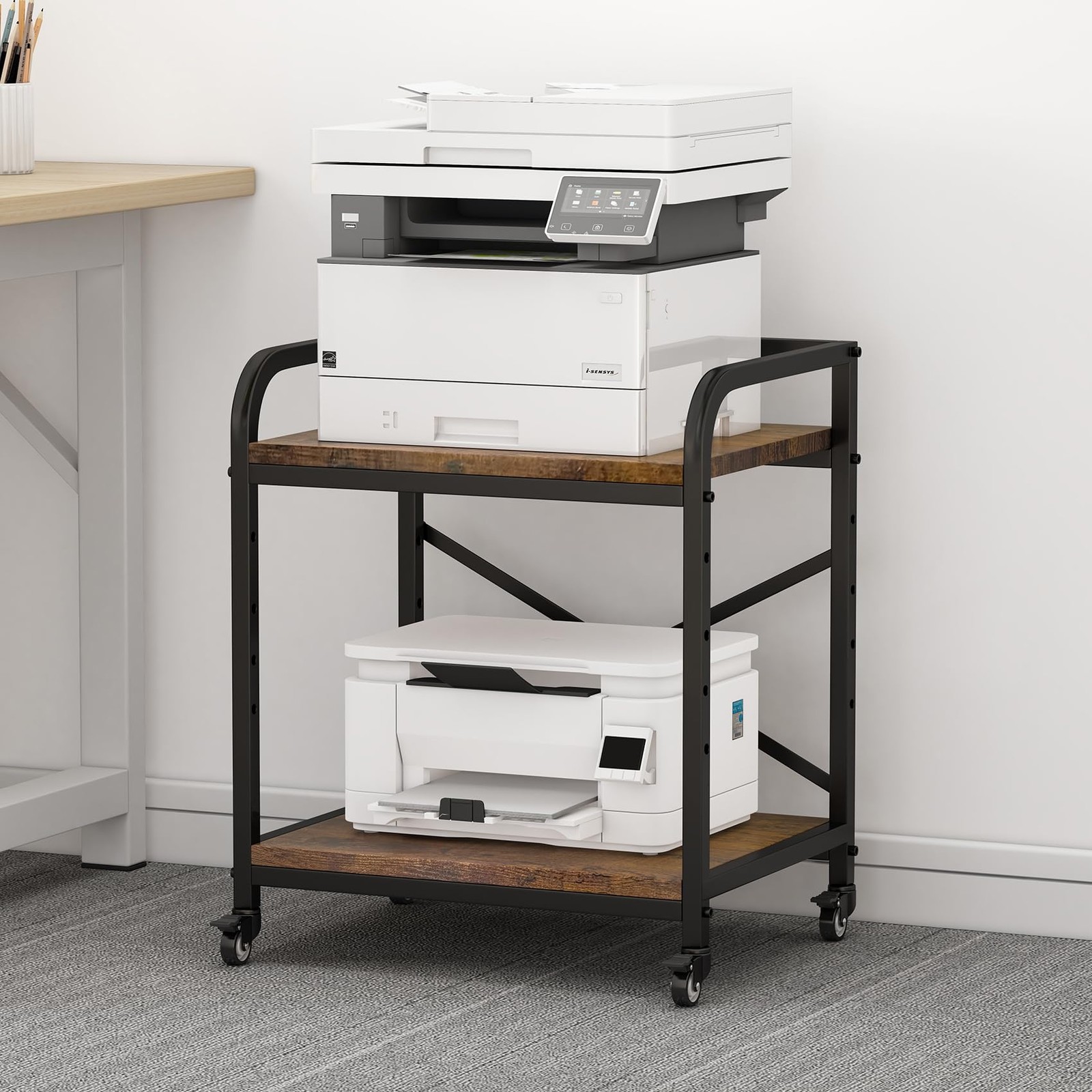 2 Tier Under Desk Printer Stand, Large Printer Table with Height Adjustable S...