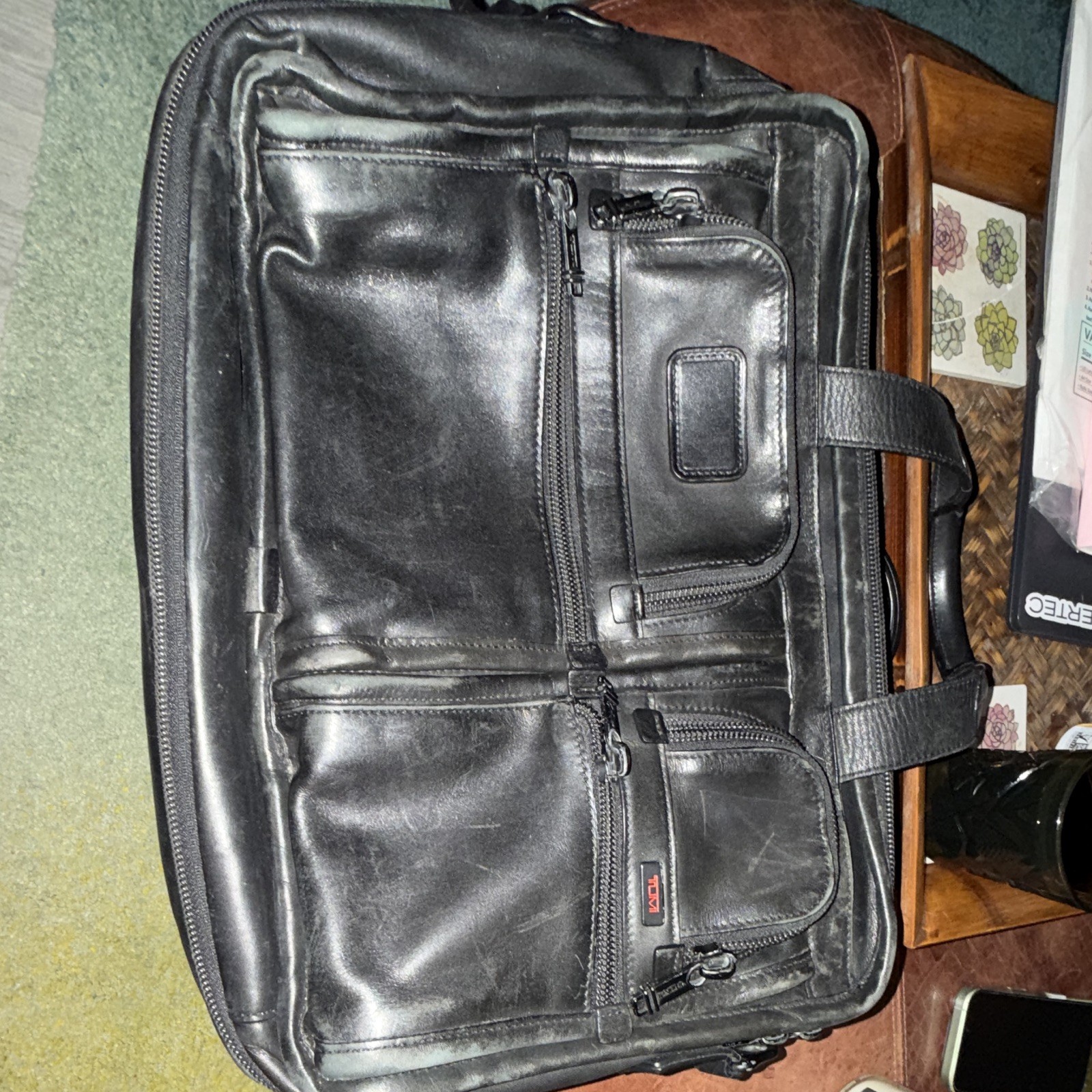 Tumi Black Leather Laptop Briefcase Expandable