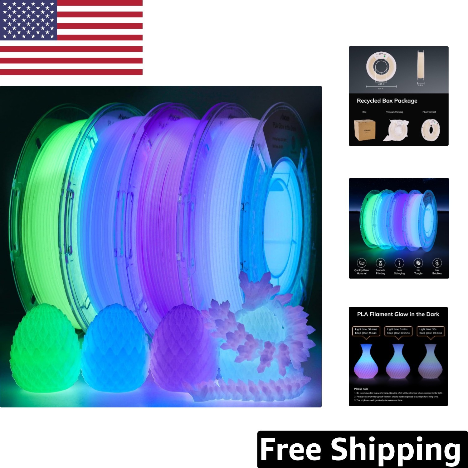 Multicolor Glow PLA Filament 1.75mm - 5m Educational 3D Printing Fun for Kids