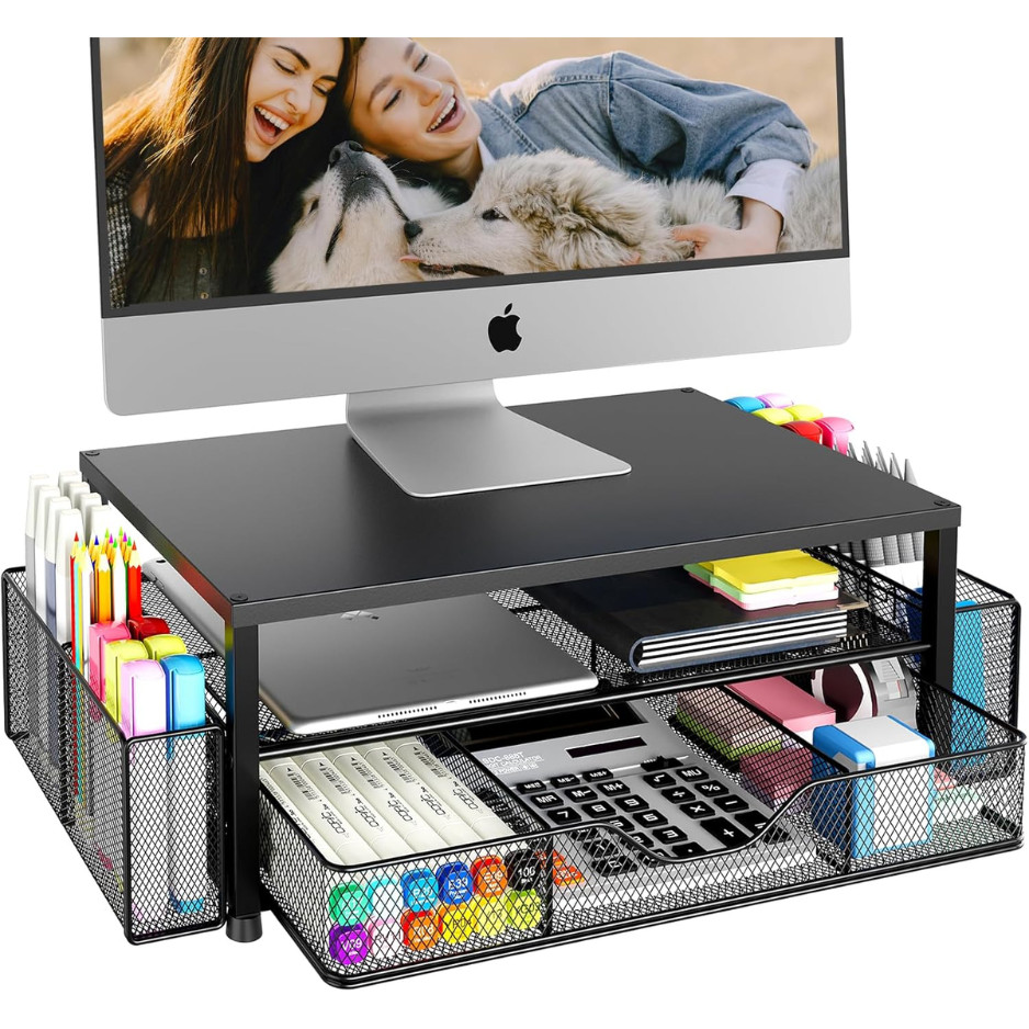 Desk Organizer and Accessories, 2 Tier Computer Monitor Stand Riser with Drawer