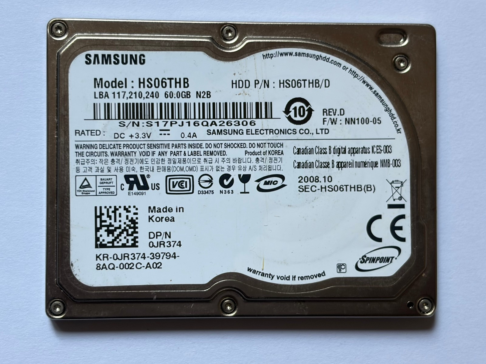 SAMSUNG 1.8"ZIF CE HS06THB 60GB HDD Spinpoint N1 4200 5mm for Laptop/IPOD/ Video