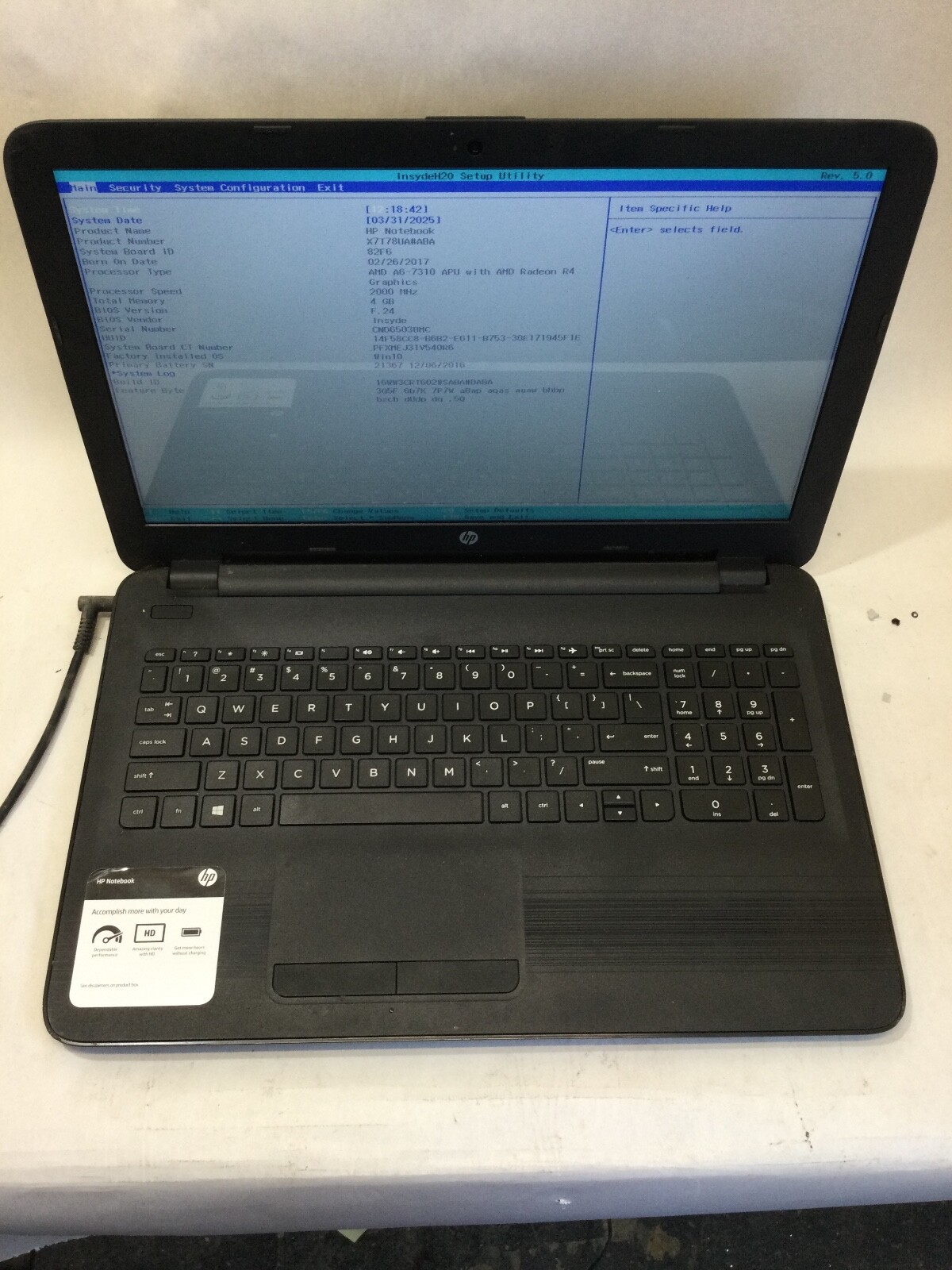 HP NOTEBOOK 15 - BA009DX - AMD A6 - 4GB RAM - FOR PARTS - READ DESCRIPTION - BB