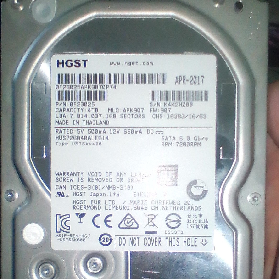 HGST Ultrastar 4TB 7200RPM 3.5" SATA III 6Gb/s 128MB HDD HUS726040ALE614