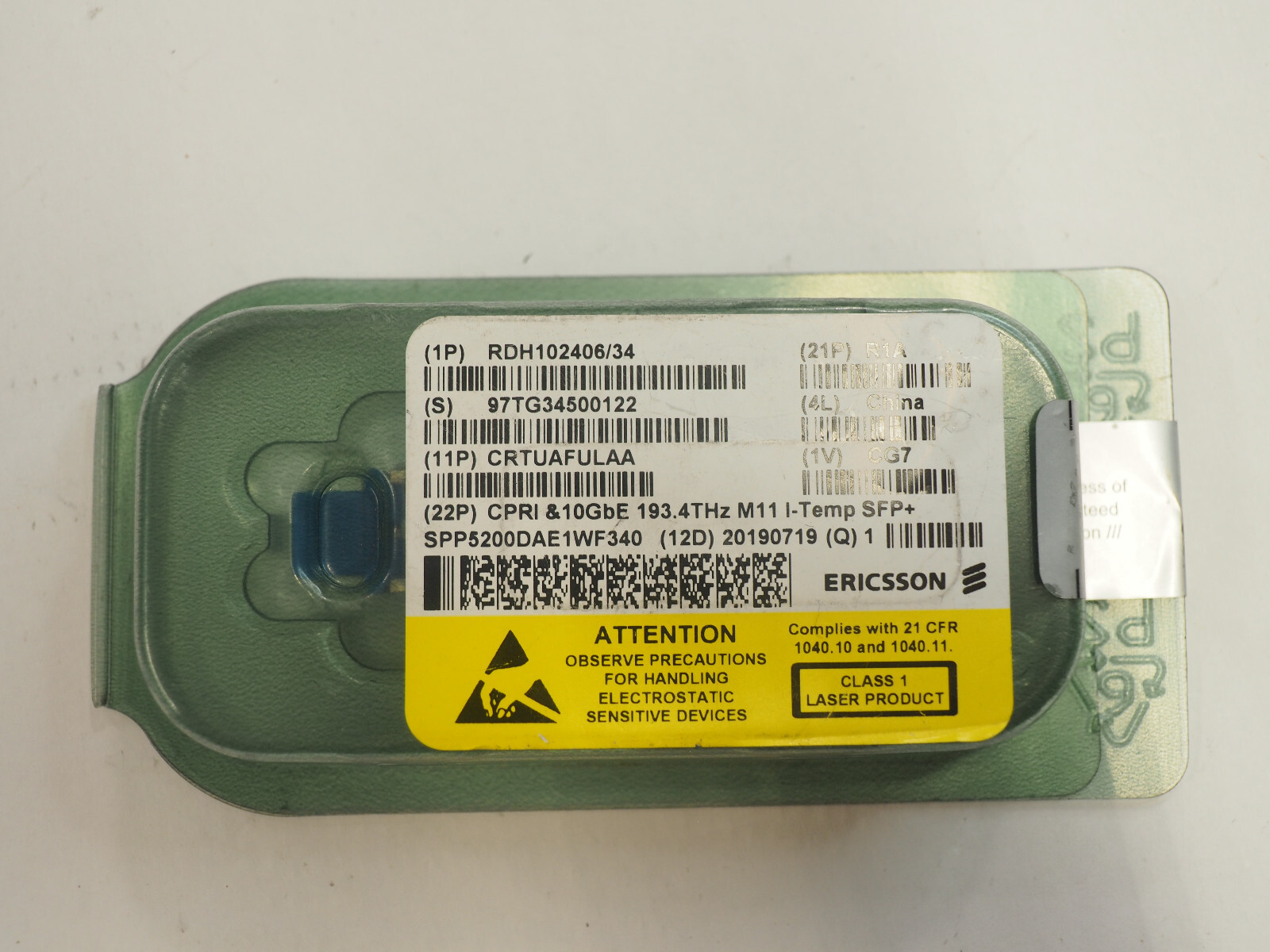 Ericsson RDH102406/34 R1A CPRI & 10GbE 193.4 THz R9 I-Temp SFP+ CRTUAFULAA