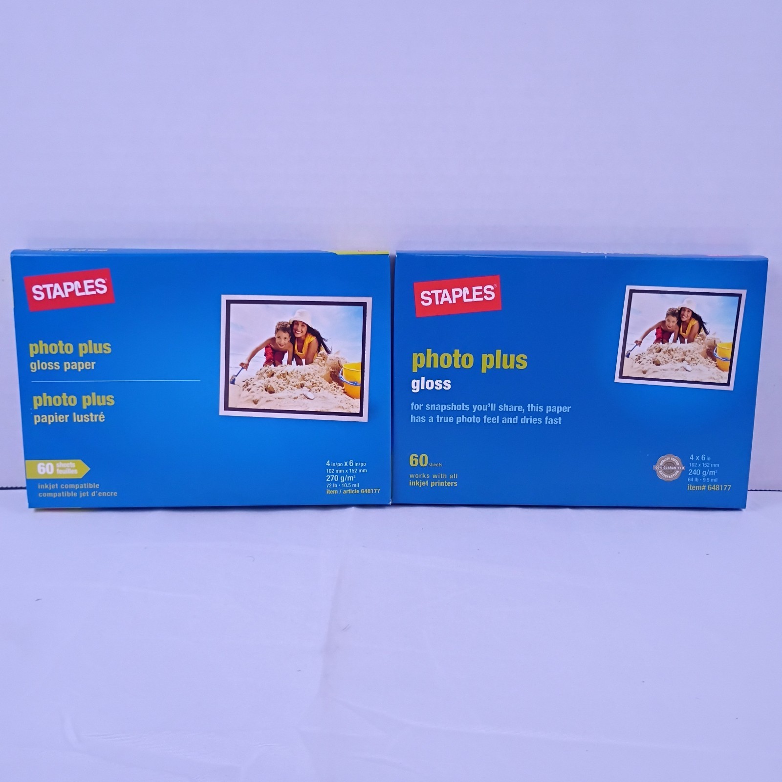 Lot of 2 Staples Photo Plus Gloss Paper 4"x6" 60 Sheets for Inkjet Printers New