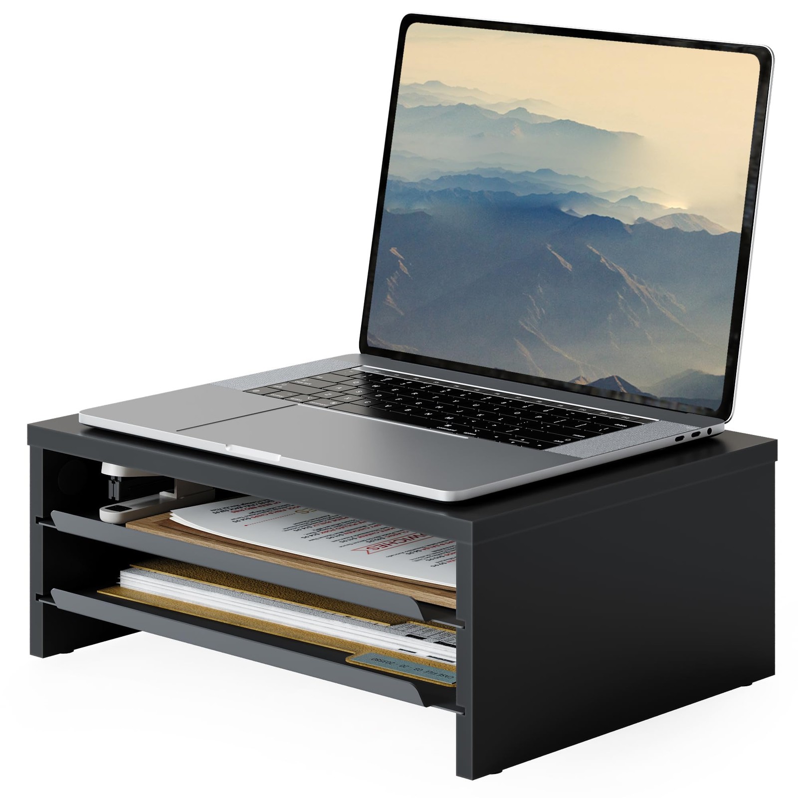 14.3Inch Monitor Stand With SlideOut Trays Wood Metal 3Tier Desk Shelf