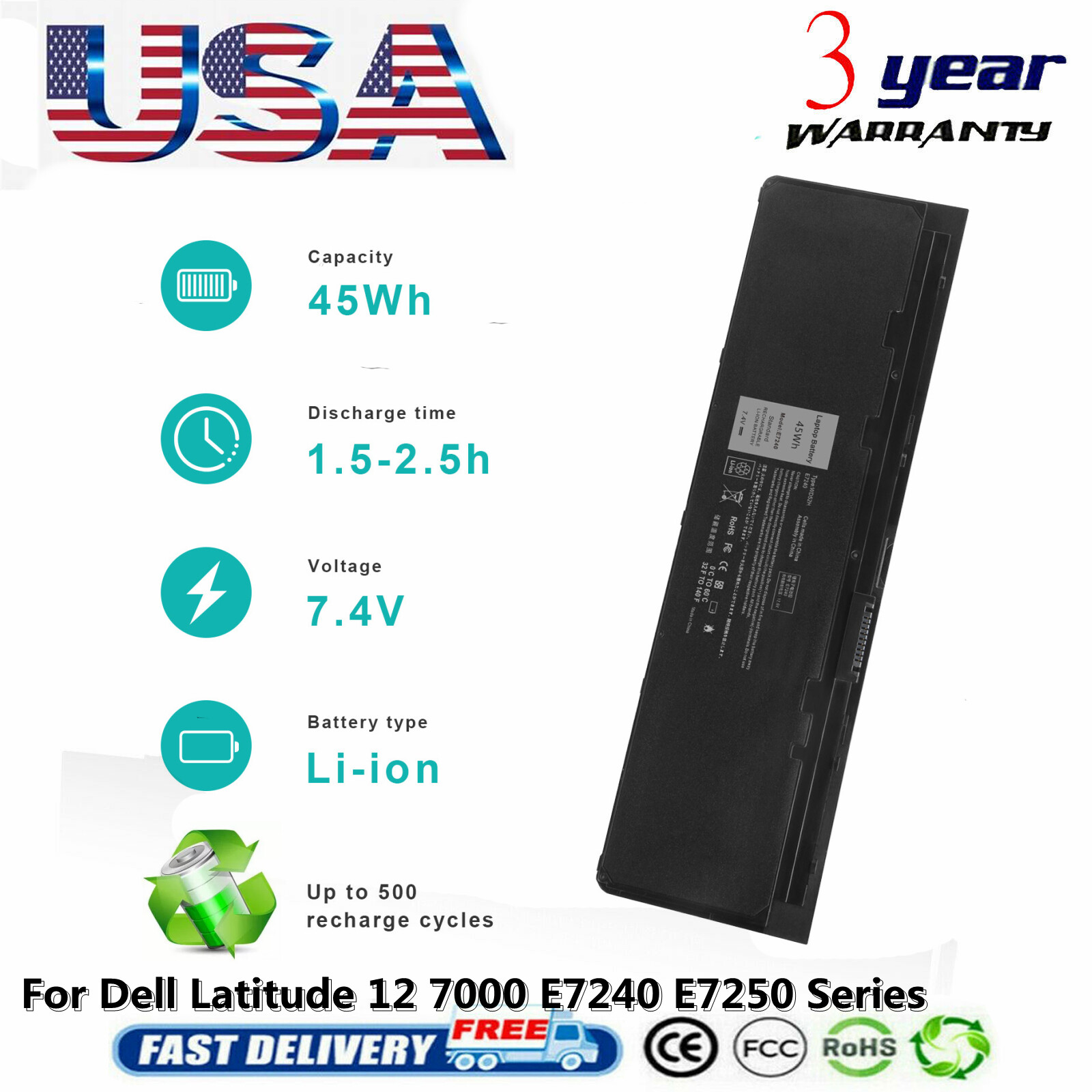 New WD52H VFV59 Battery for Dell Latitude E7240 E7250 F3G33 GVD76 0W57CV KWFFN