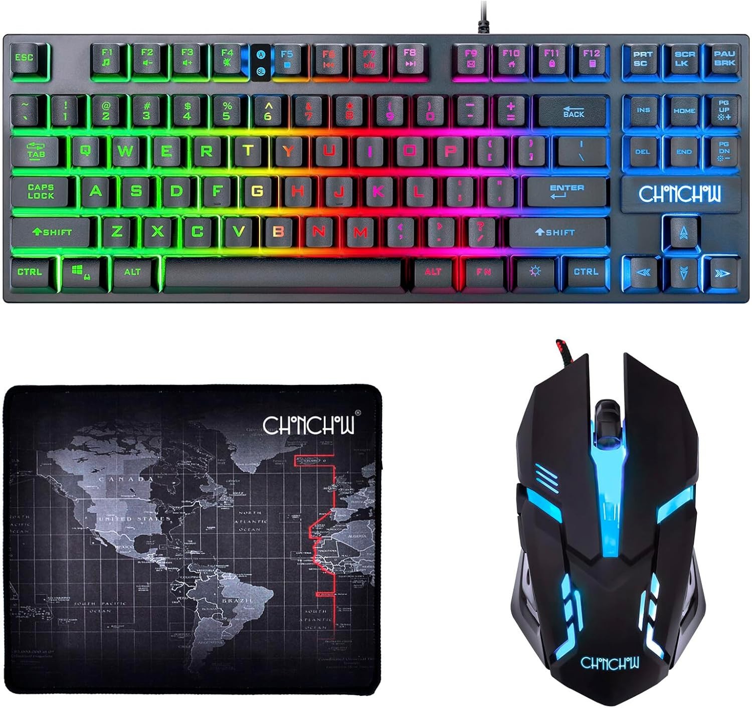 Rainbow LED Gaming Keyboard and Backlit Mouse Combo for Laptop PC Computer Game