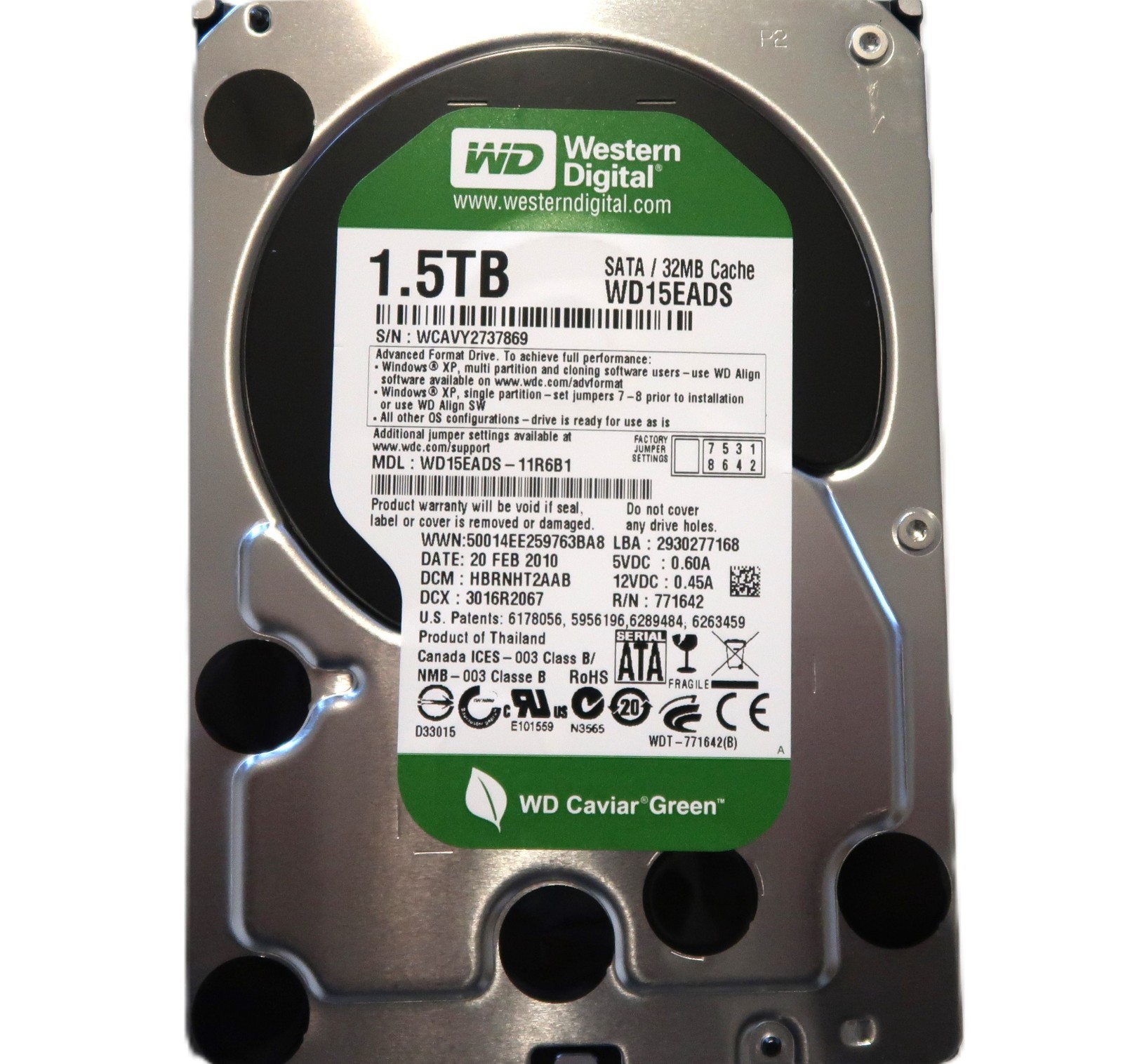WD WD15EADS-11R6B1 HBRNHT2AAB (WCAV) Thailand 3.5" 1.5TB Sata HDD FEB/2010