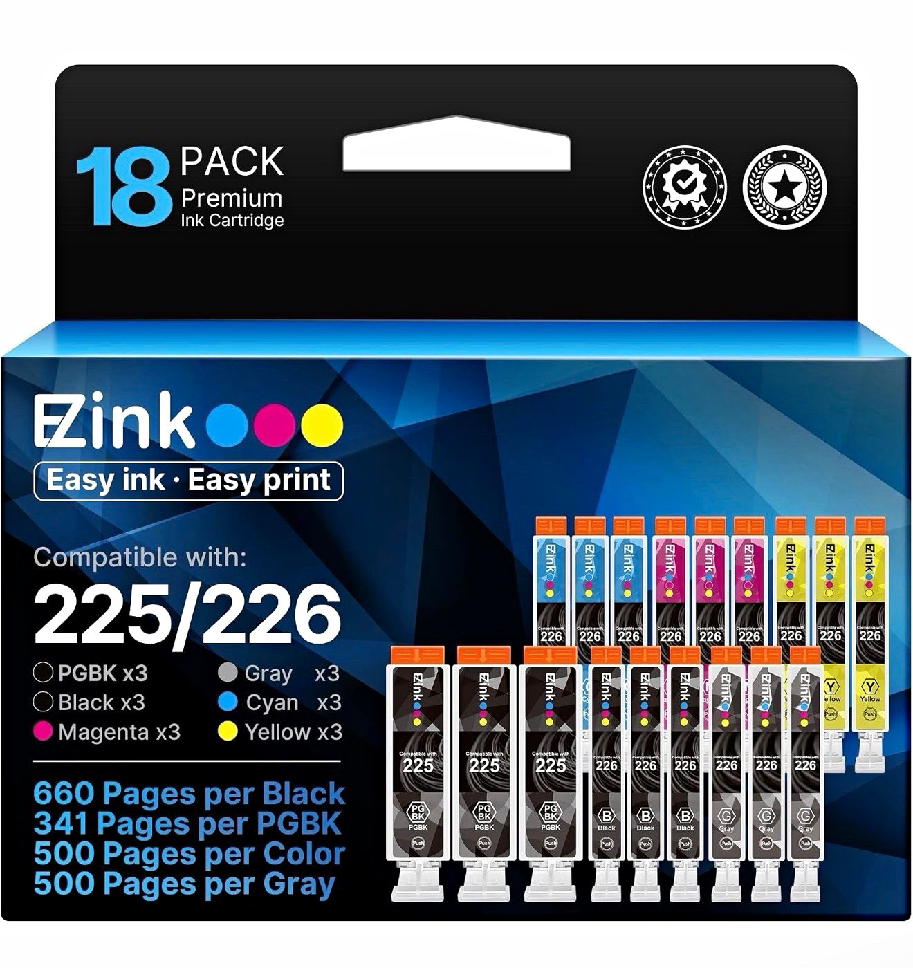 EZink 18-Pack Compatible 225/226 Ink Cartridges for Canon PIXMA, 6 Colors