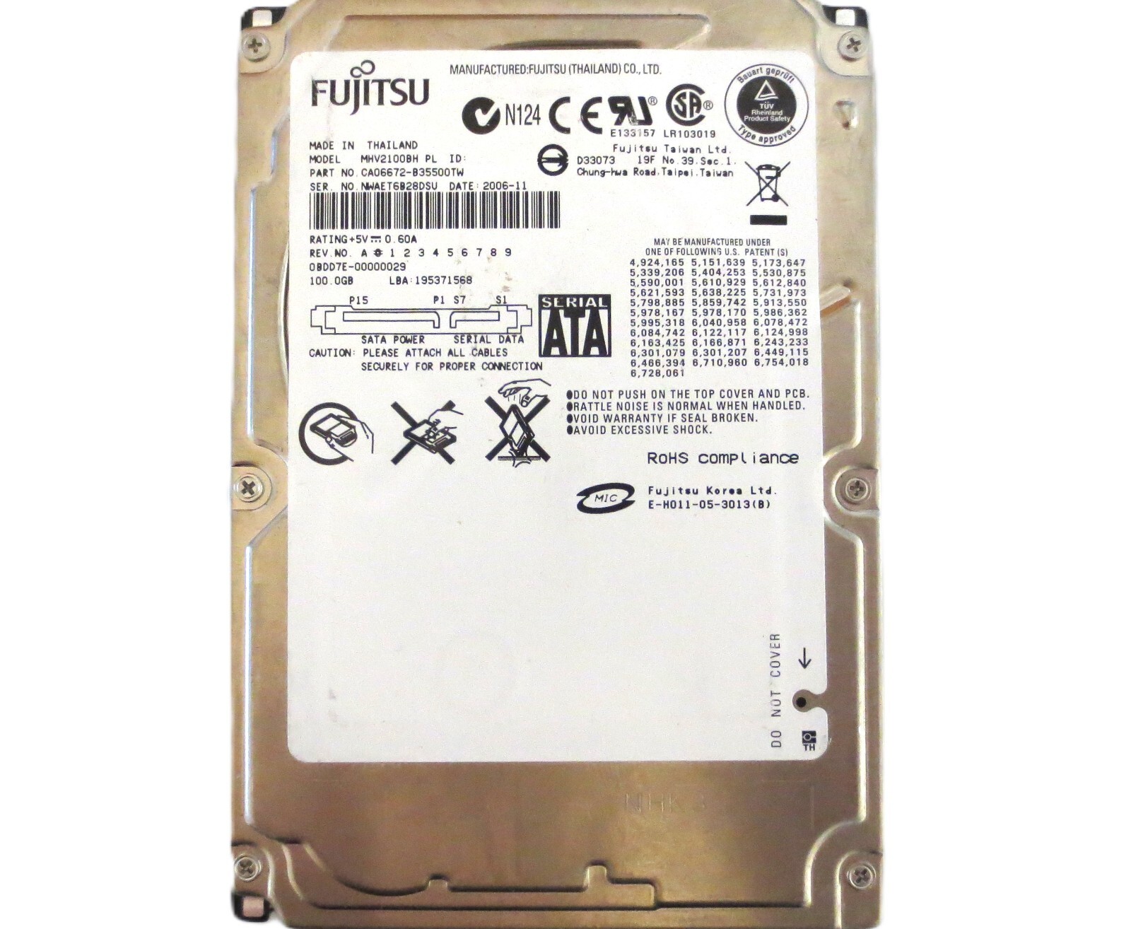 MHV2100BH PL CA06672-B35500TW 0BDD7E-00000029 (NWA) Thailand 100gb 2006-11