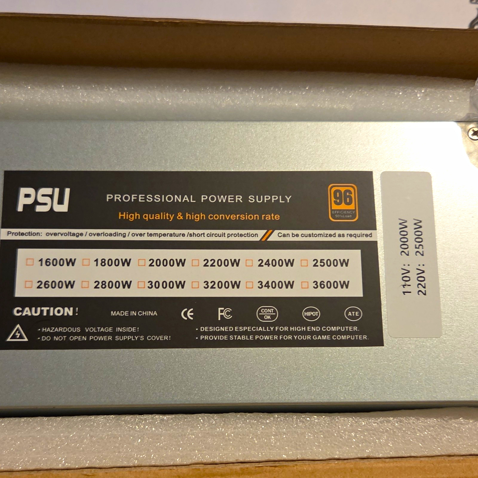 ATX Power Supply PSU 2500W 110V/220V Silver Overvoltage/Overload/Temp/SCP