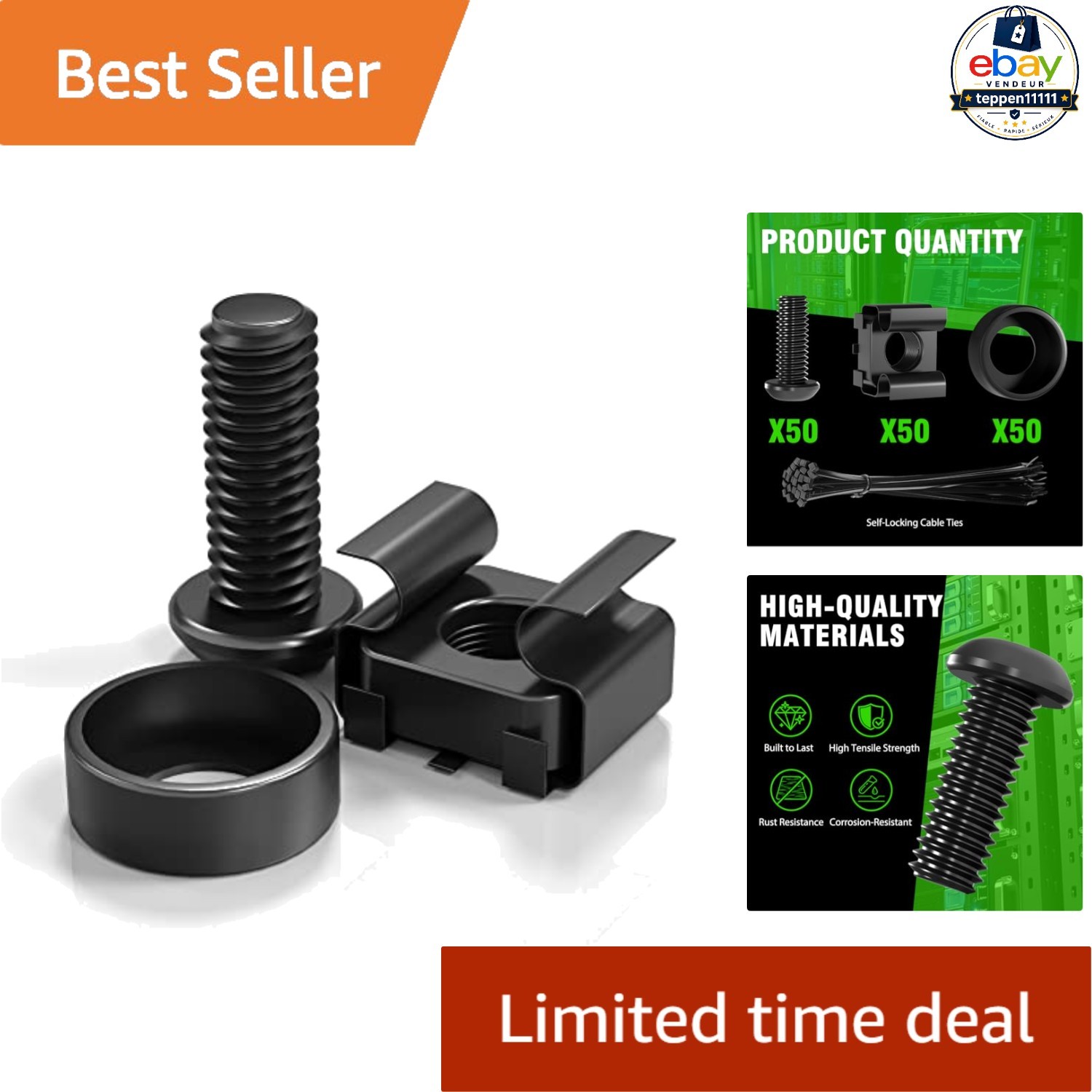 Rack Mount Cage Nuts Screws Washers Black 50 Pcs M6 x 16mm Square Hole