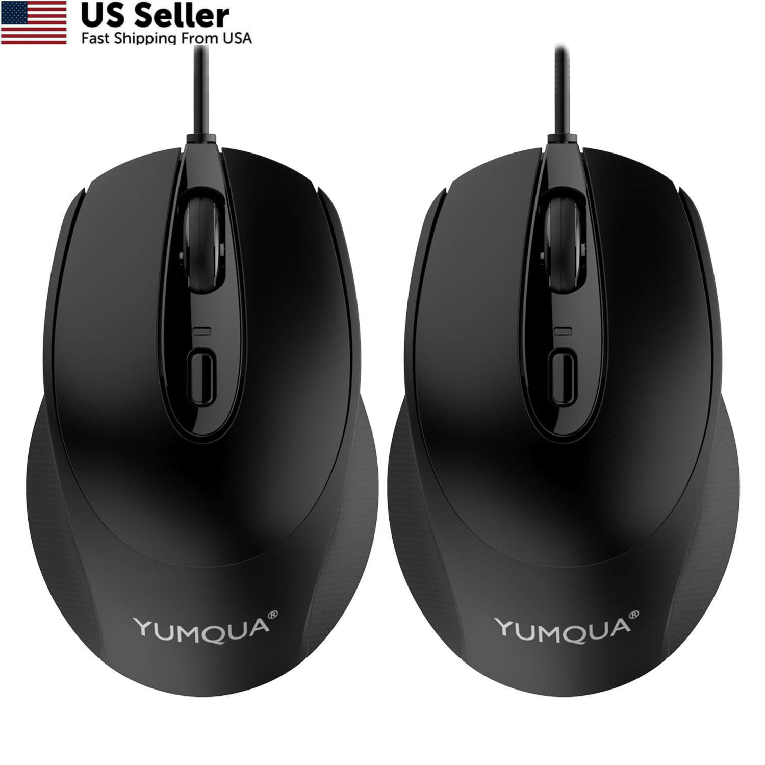 YUMQUA Wired Mouse Silent USB Corded for Computer MacBook 2Pack, black