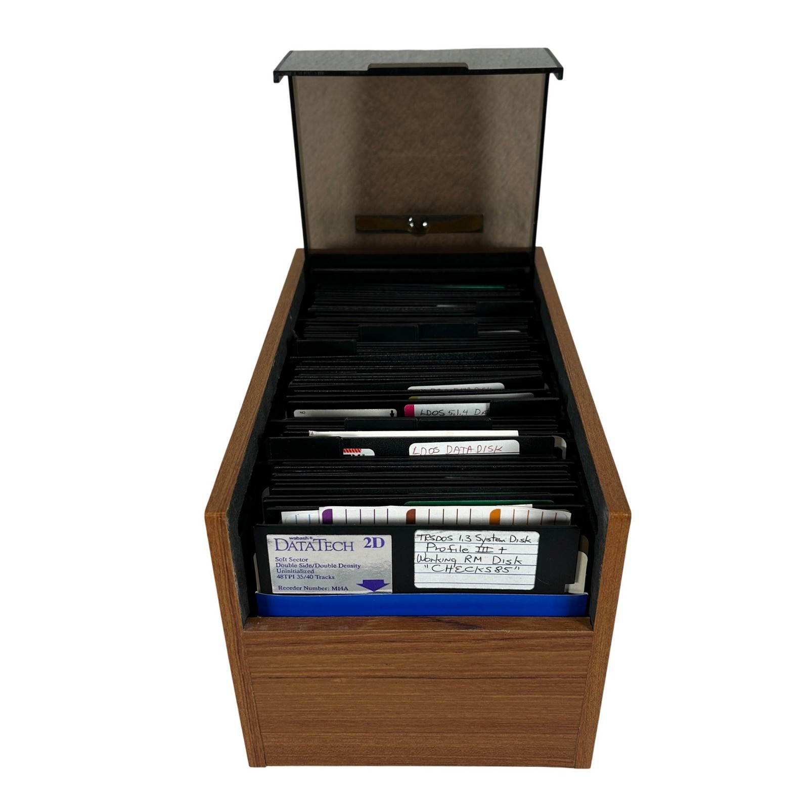 Lot of 75 Vintage 5.25 Floppy Disk TRSDOS LDOS TRS-80 DataTech Wood Storage Case