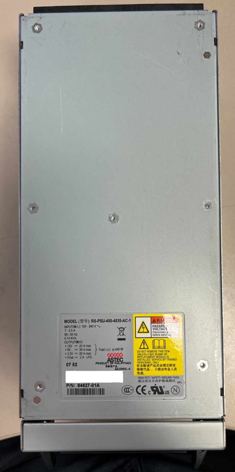 Astec/Xyratex Power Supply 440W RS-PSU-450-4835-AC-1 PN: 84627-01A