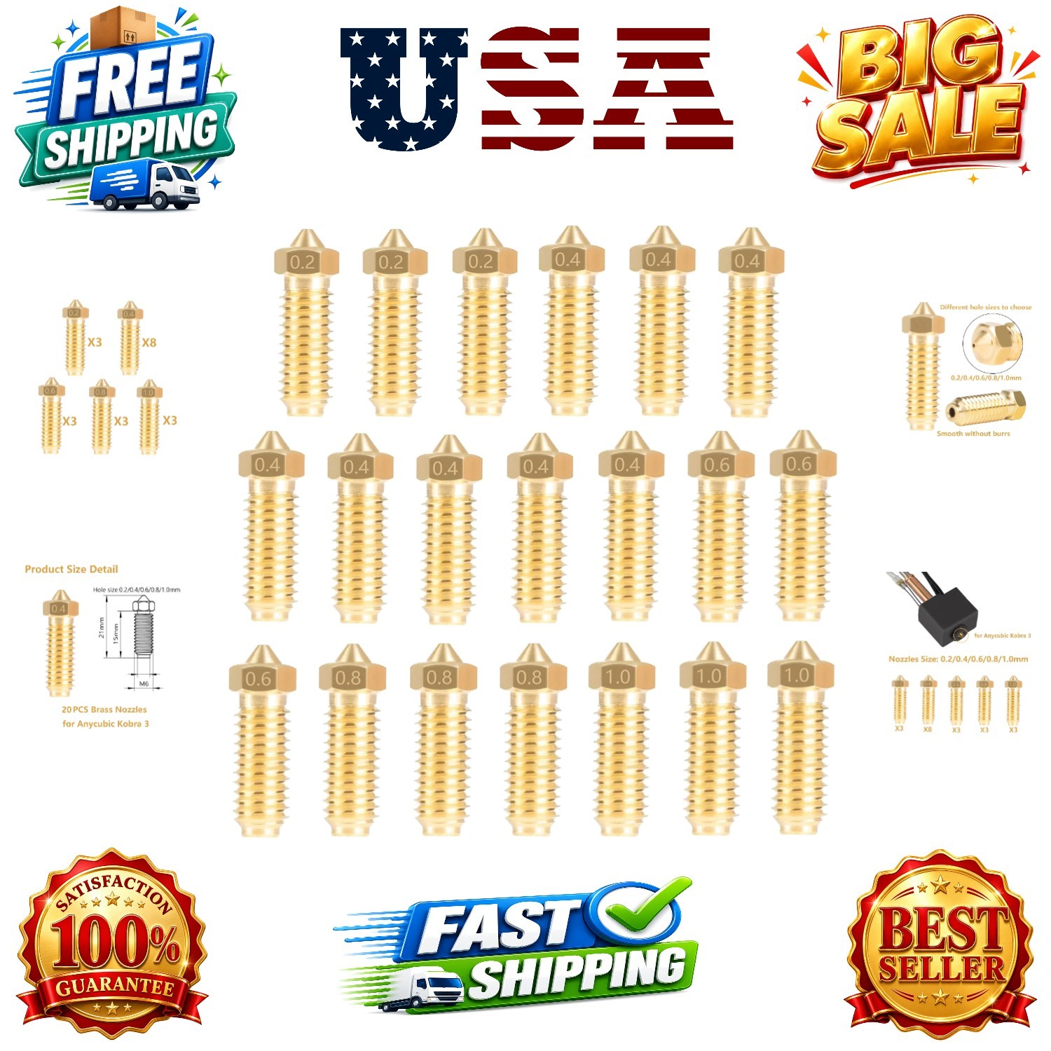 20PCS Barss Nozzles Kit for Kobra 3/Kobra S1 3D Printer 8PCS 0.4mm and 3PCS 0...
