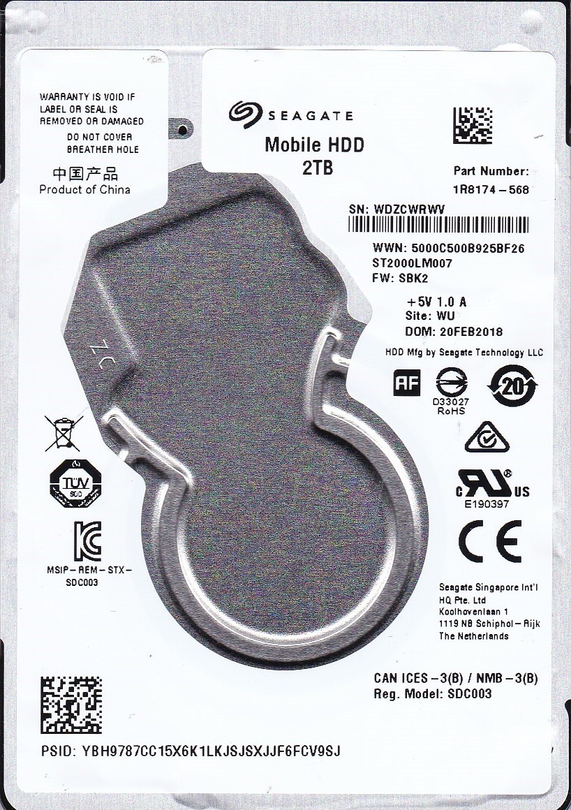 ST2000LM007 p/n: 1R8174-568 f/w: SBK2 s/n: WDZC WU FEB/2018 2TB SATA 2.5 SEAGATE