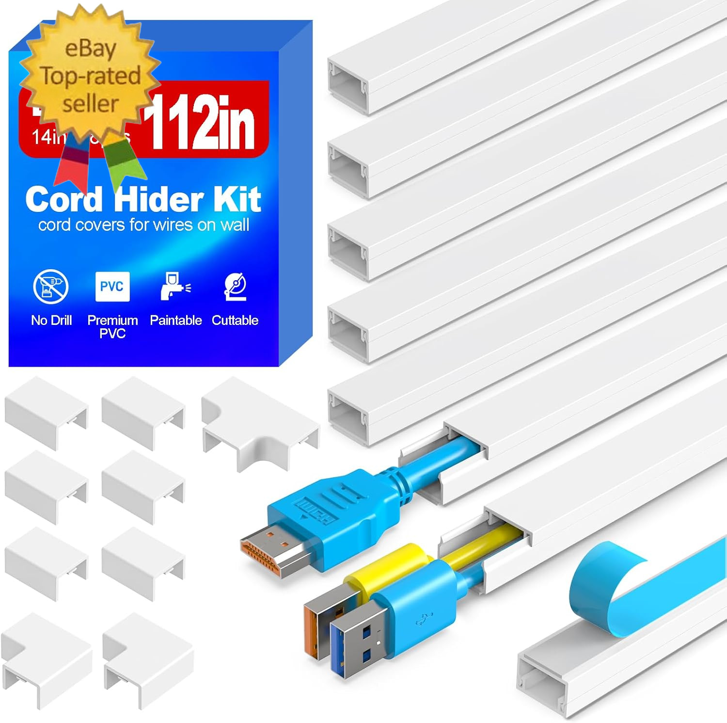 112In Cord Hider Kit, Cord Covers for Wires on Wall, Premium One-Cord Cable