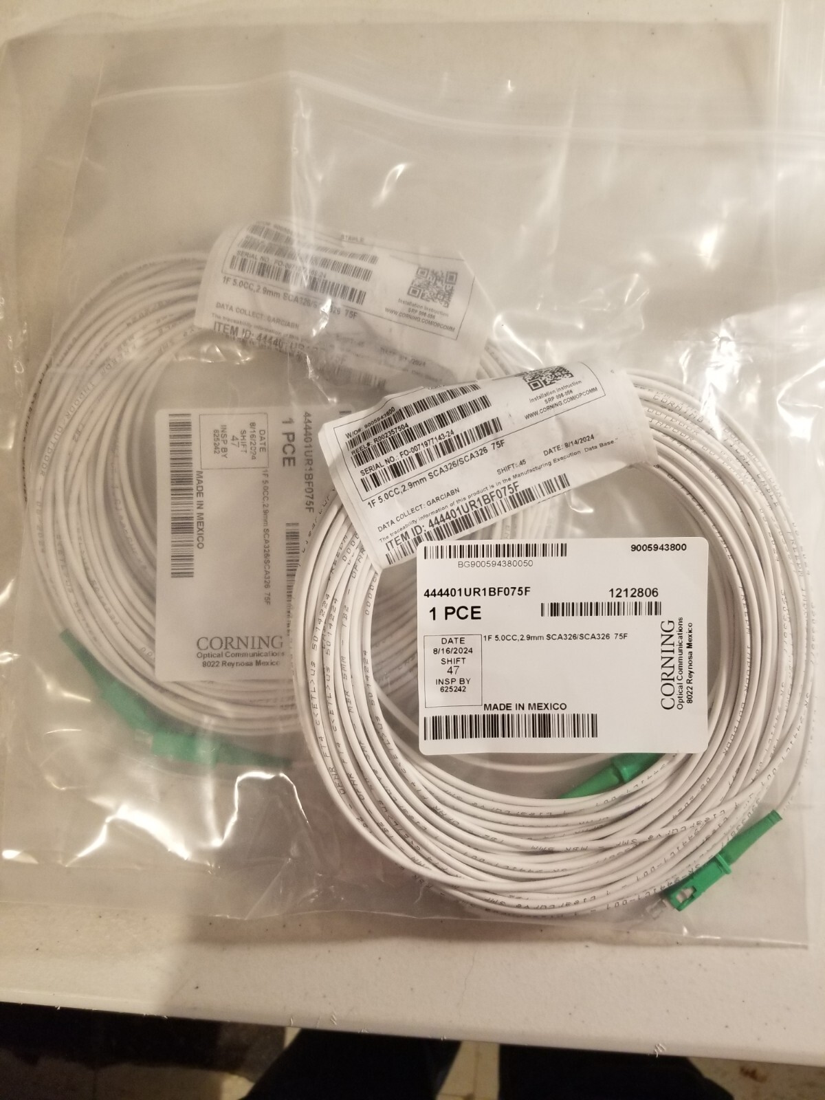 Corning 444401UR1BF075F Jumper 75ft 2 PACKAGES
