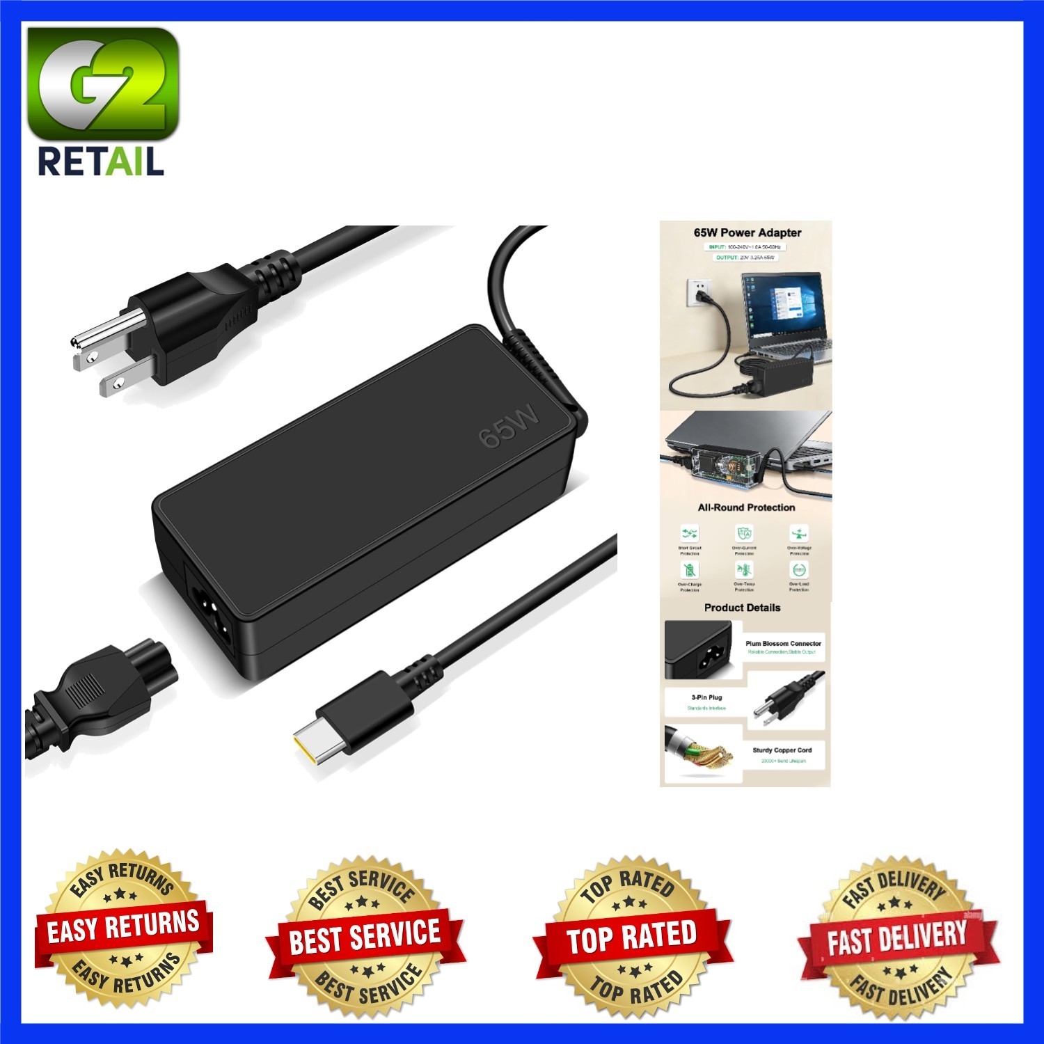 Lightweight 65W USB Type C Laptop Charger - Fast Charge with Cable Management