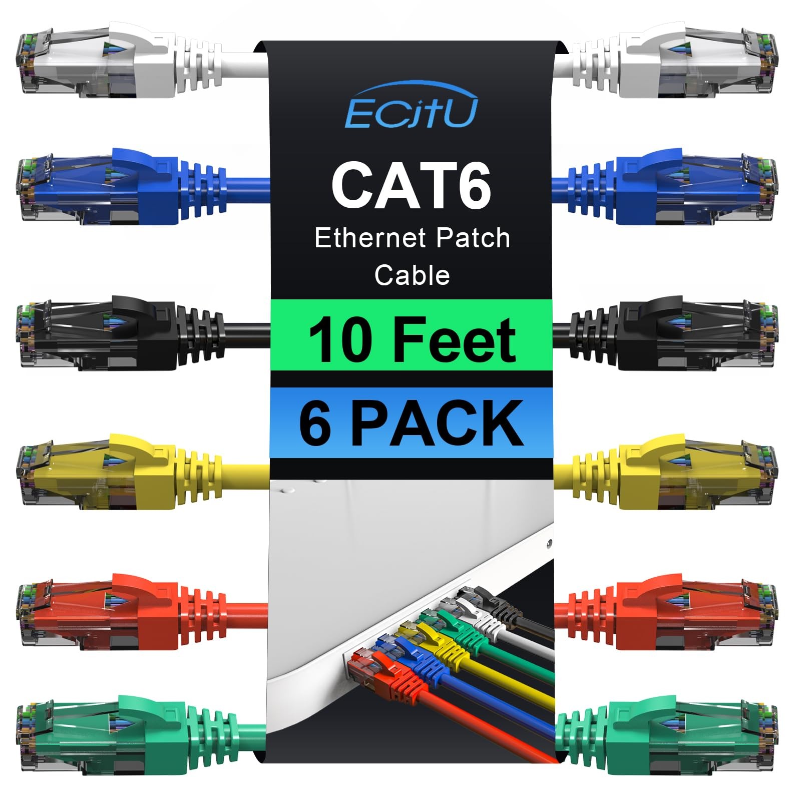 Cat6 Patch Cables 10 Feet (6 Pack), Cat 6 Ethernet Cable, 24AWG CCA, UTP Netw...