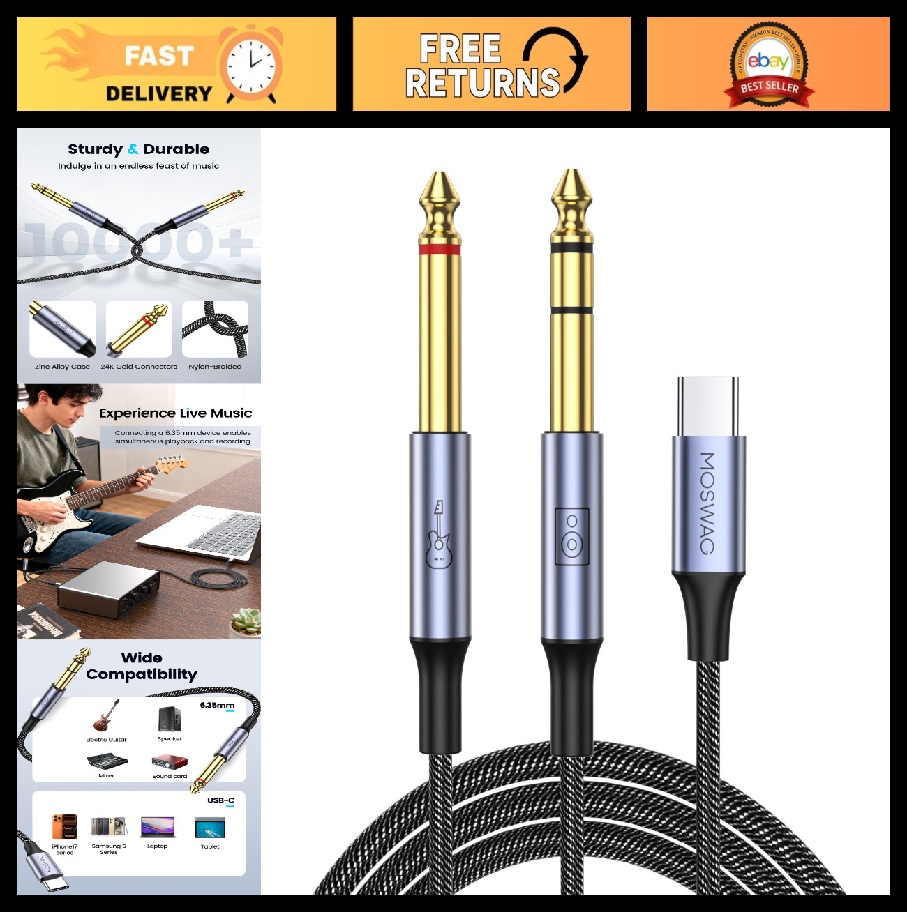 USB C to Dual 6.35mm Y Splitter Cable, Type C Audio Adapter for Guitar, Mixer, H