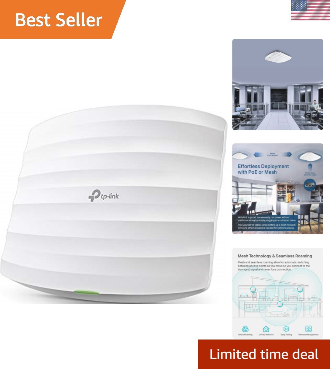 Omada AC1350 Wireless Access Point, w/PoE Injector, 5yr