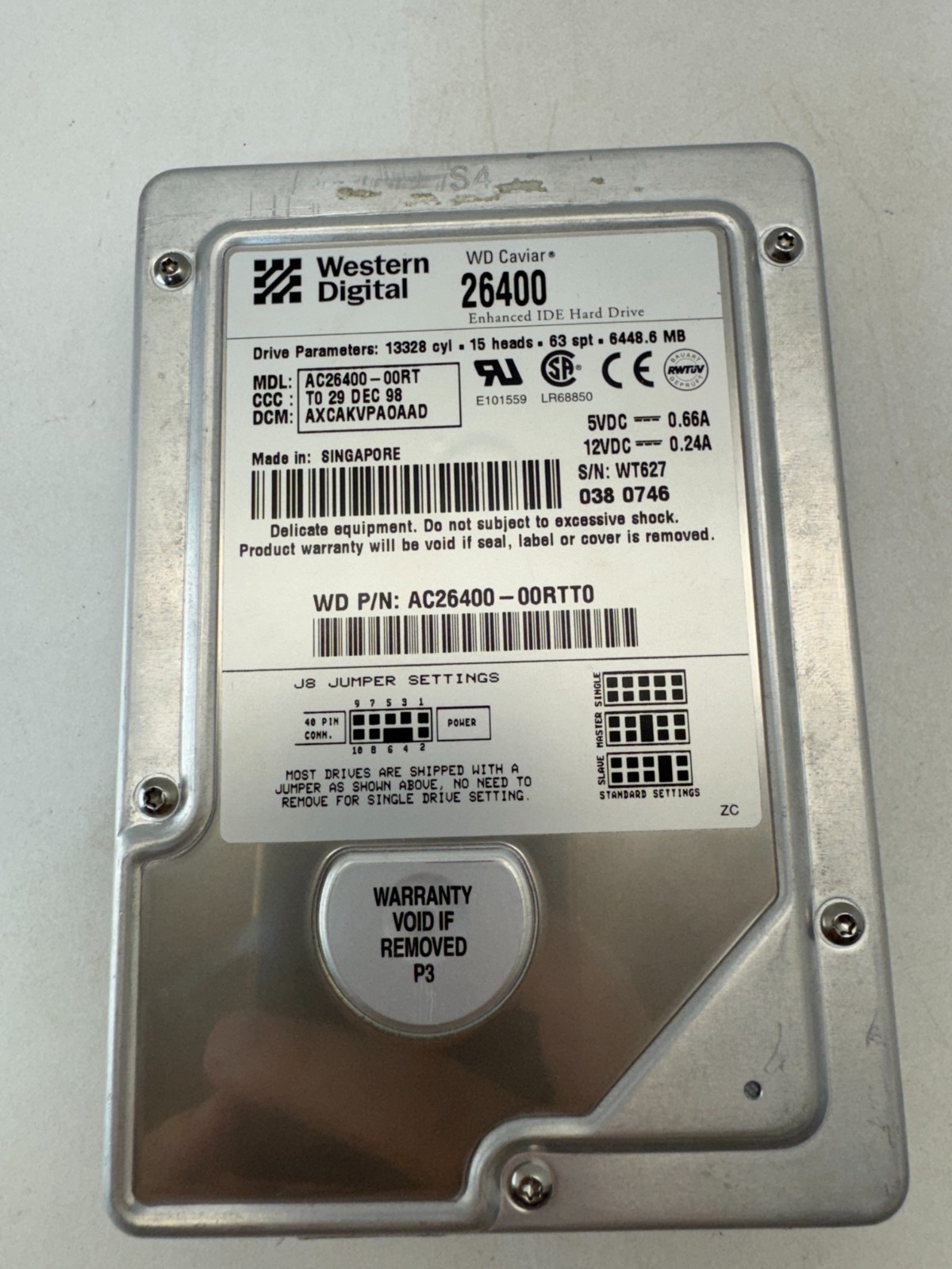 Western Digital AC26400-00RTT0 | 6.4GB IDE 3.5" Hard Drive | Vintage 1998
