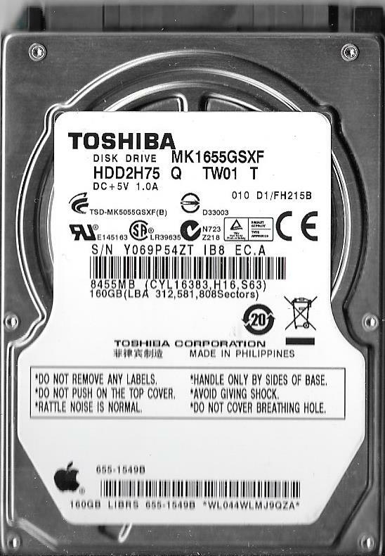 Toshiba MK1655GSXF HDD2H75 Q TW01 T 160GB Sata Hard Drive