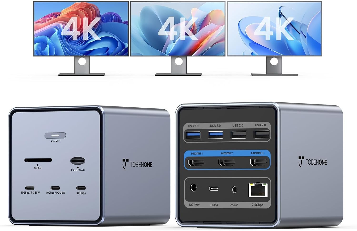 TobenONE 16 in 1 Laptop Docking Station Triple 4K Monitor
