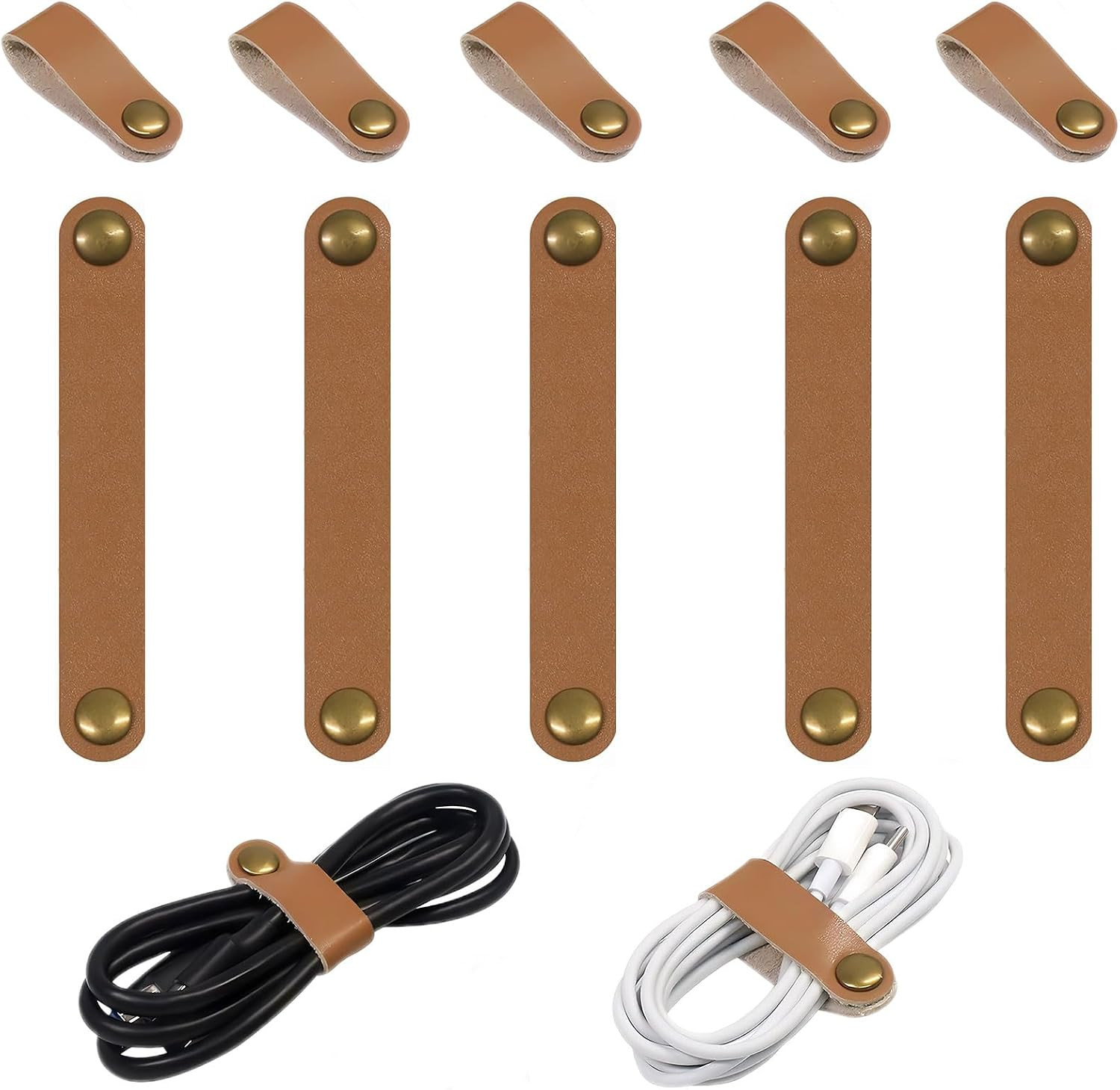 10 Pcs Cord Organizer, Brown Pu Leather Button Wraps for Phone Cord Ties
