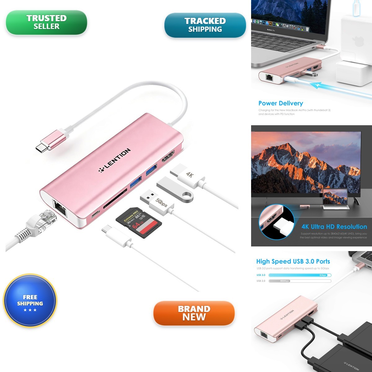 LENTION 6-in-1 USB-C Hub, 2 USB3.0, 4K30Hz, Ethernet, Card Reader, 100W PD